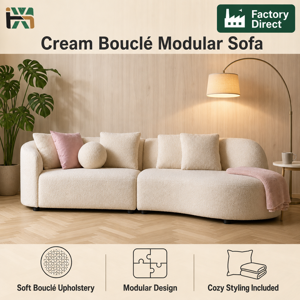 Cloud Curved Bouclé Modular Sofa — Cream Curved Couch with Throw Pillows & Knit Blanket
