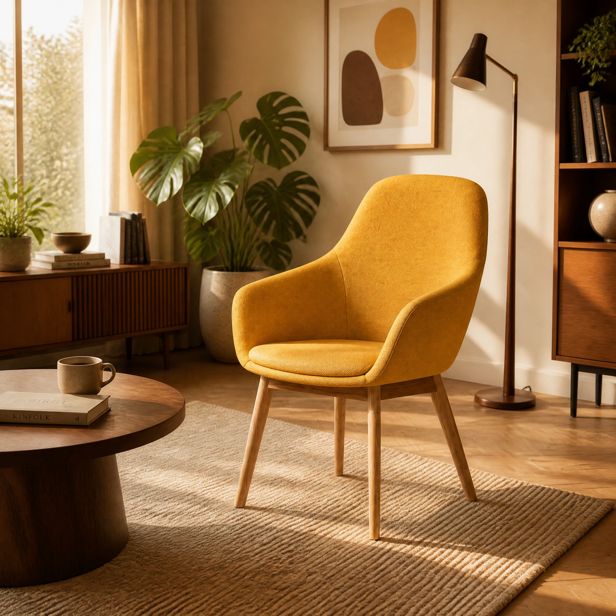Mustard Yellow Mid-Century Lounge Chair — Woven Fabric Accent Chair with Wood Legs