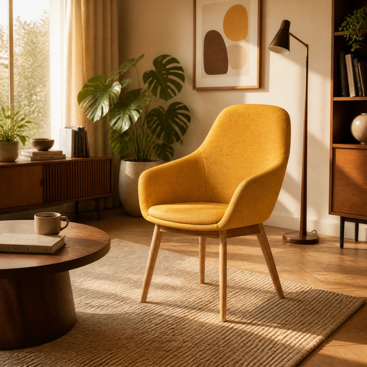 woven-mustard-accent-chair-living-room-scene Mustard Yellow Mid-Century Lounge Chair — Woven Fabric Accent Chair with Wood Legs