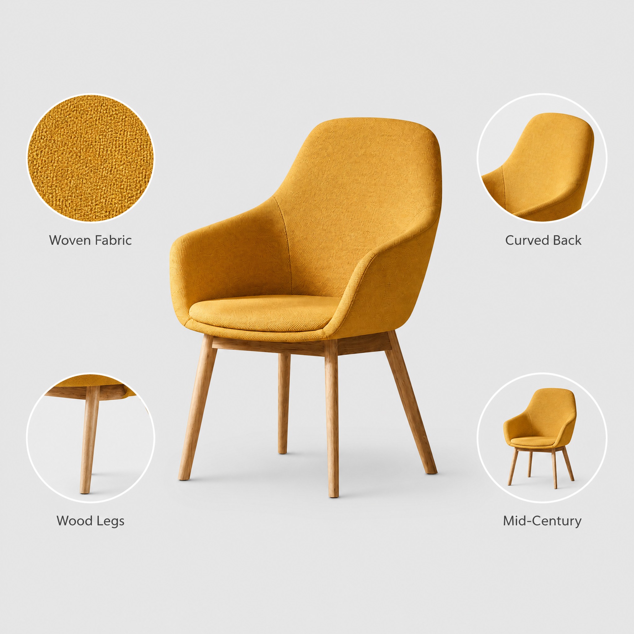 Mustard Yellow Mid-Century Lounge Chair — Woven Fabric Accent Chair with Wood Legs