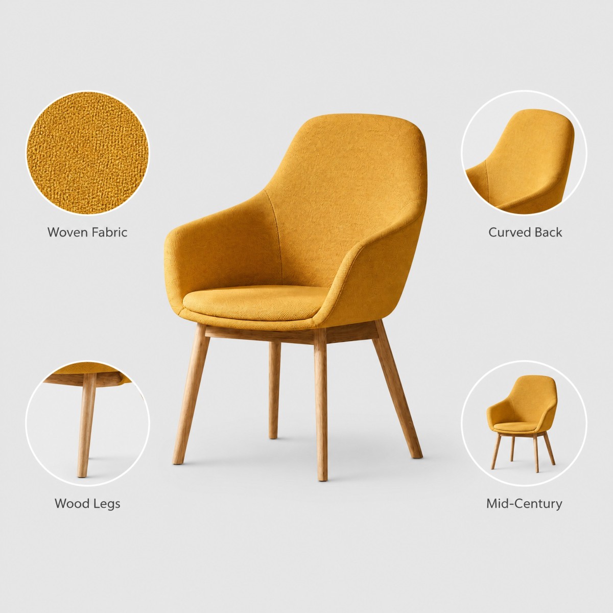 mid-century-chair-curved-back-wooden-legs-detail Mustard Yellow Mid-Century Lounge Chair — Woven Fabric Accent Chair with Wood Legs