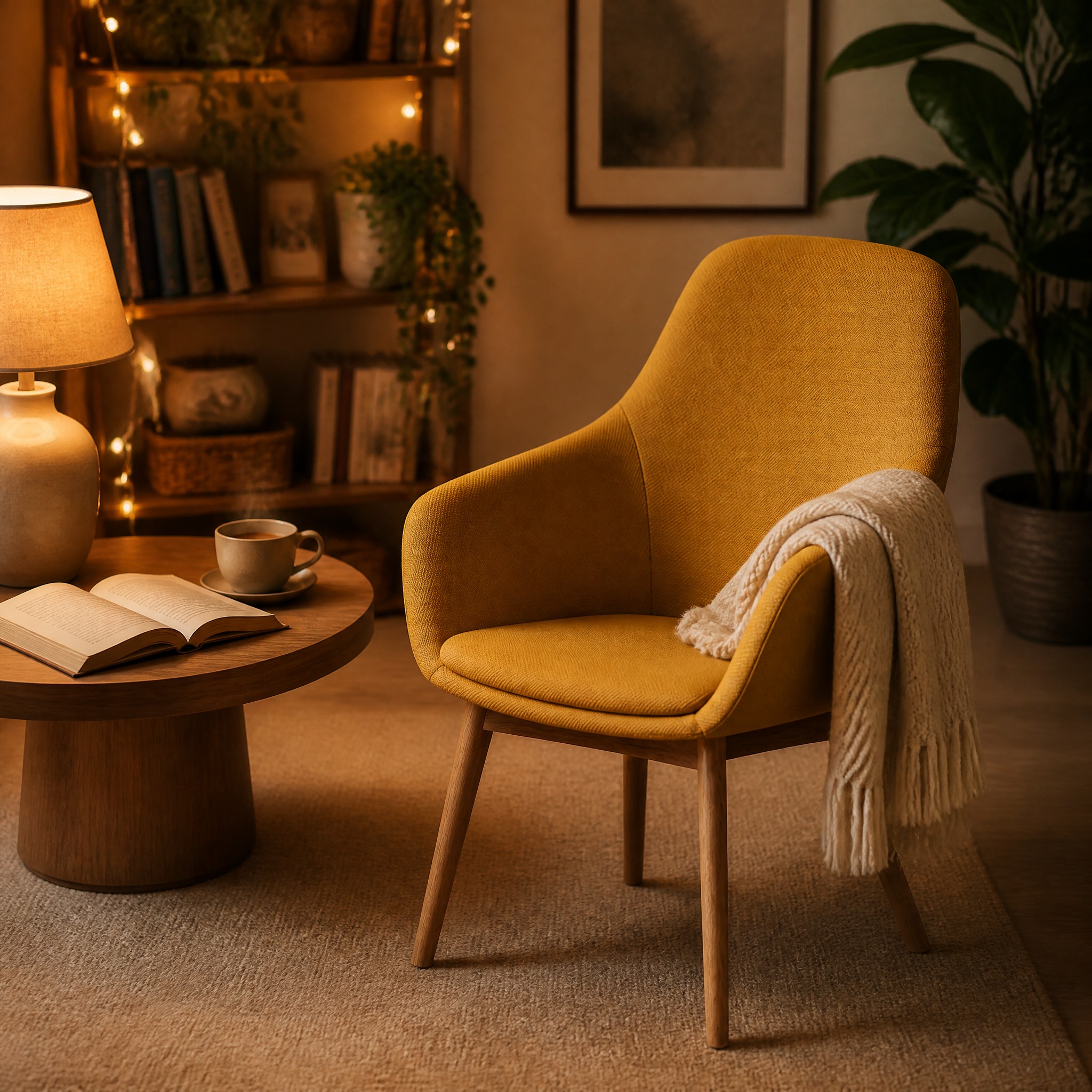 Mustard Yellow Mid-Century Lounge Chair — Woven Fabric Accent Chair with Wood Legs
