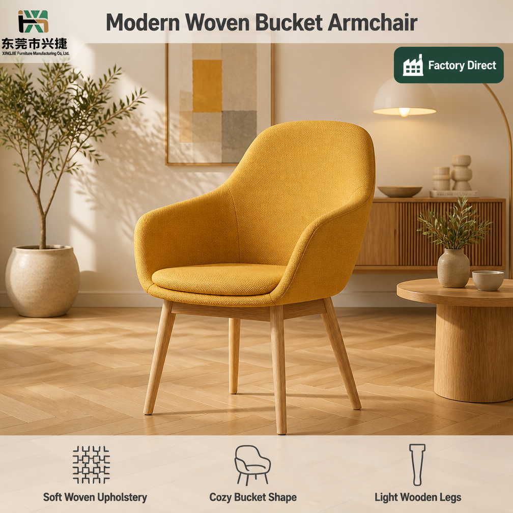 Mustard Yellow Mid-Century Lounge Chair — Woven Fabric Accent Chair with Wood Legs