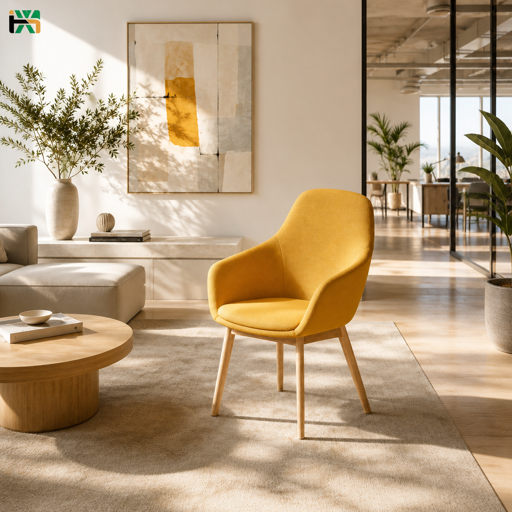 Mustard Yellow Mid-Century Lounge Chair — Woven Fabric Accent Chair with Wood Legs