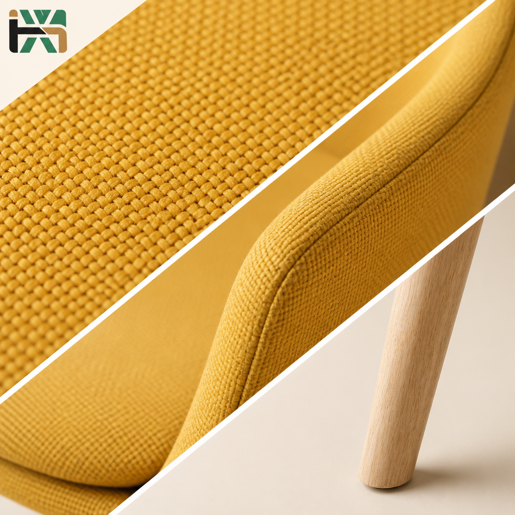 Mustard Yellow Mid-Century Lounge Chair — Woven Fabric Accent Chair with Wood Legs