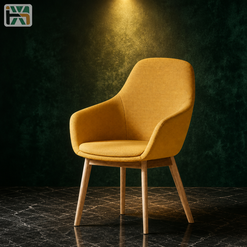 Mustard Yellow Mid-Century Lounge Chair — Woven Fabric Accent Chair with Wood Legs
