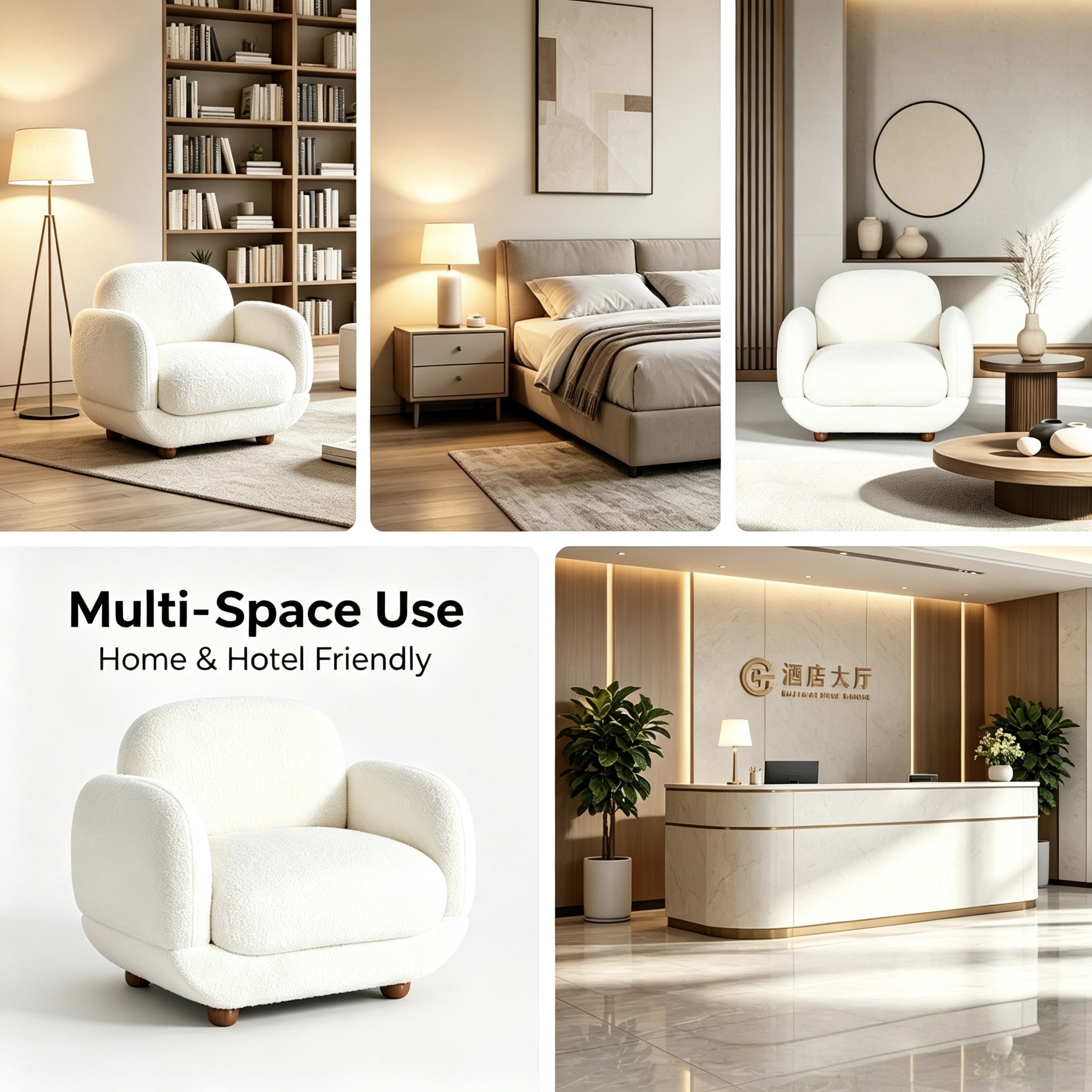 Cream Teddy Fleece Armchair – Japandi Wabi-Sabi Single Lounge Chair with Wooden Legs for Living Room, Bedroom & Reading Corner