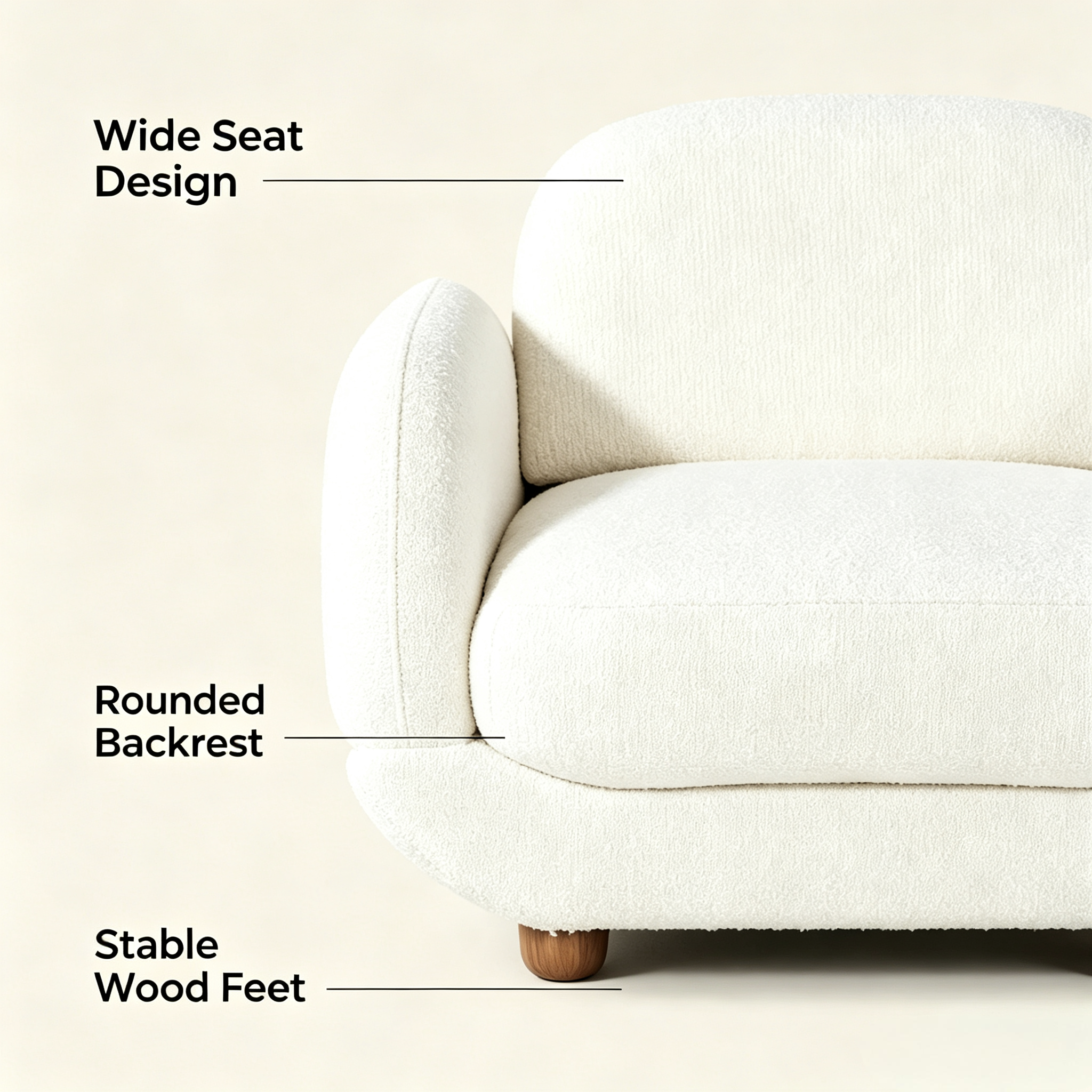 Cream Teddy Fleece Armchair – Japandi Wabi-Sabi Single Lounge Chair with Wooden Legs for Living Room, Bedroom & Reading Corner