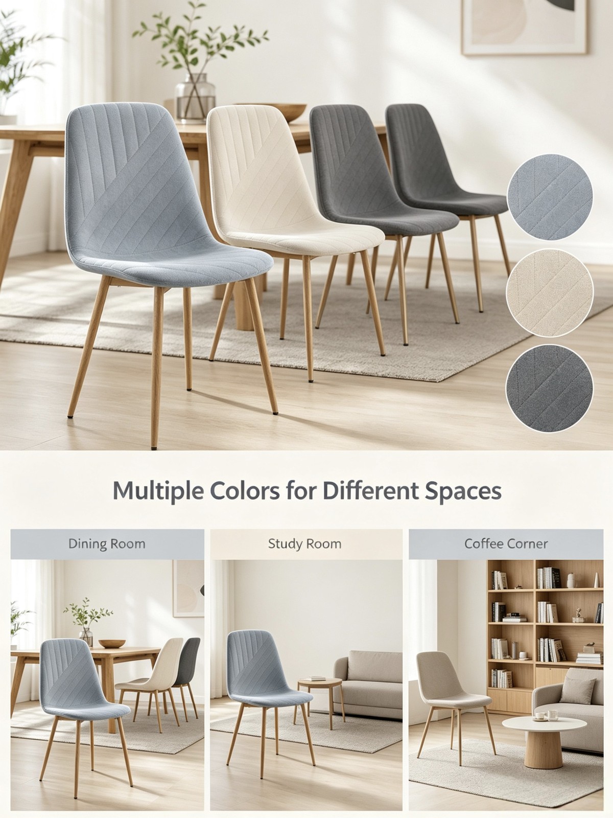 Upholstered Dining Chair, Wood‑look Metal Legs, Soft Fabric Side Chair for Kitchen Living Room