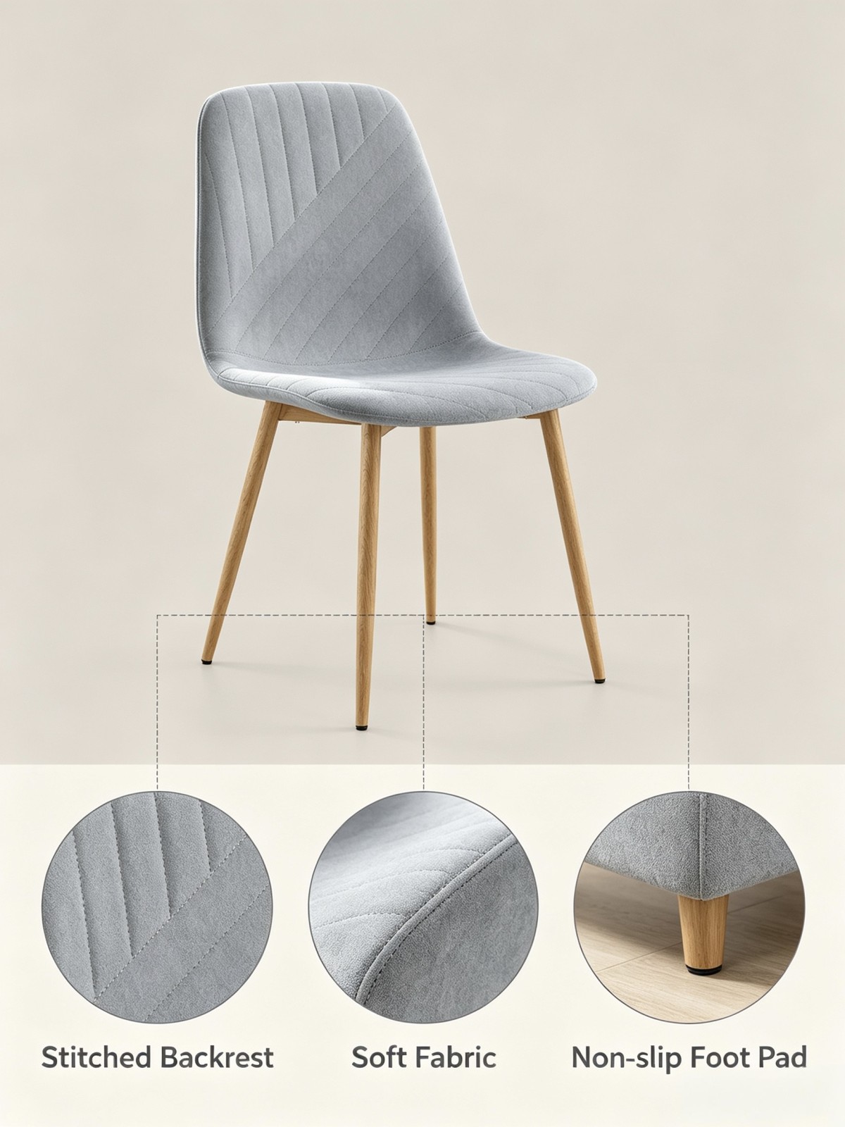 Upholstered Dining Chair, Wood‑look Metal Legs, Soft Fabric Side Chair for Kitchen Living Room