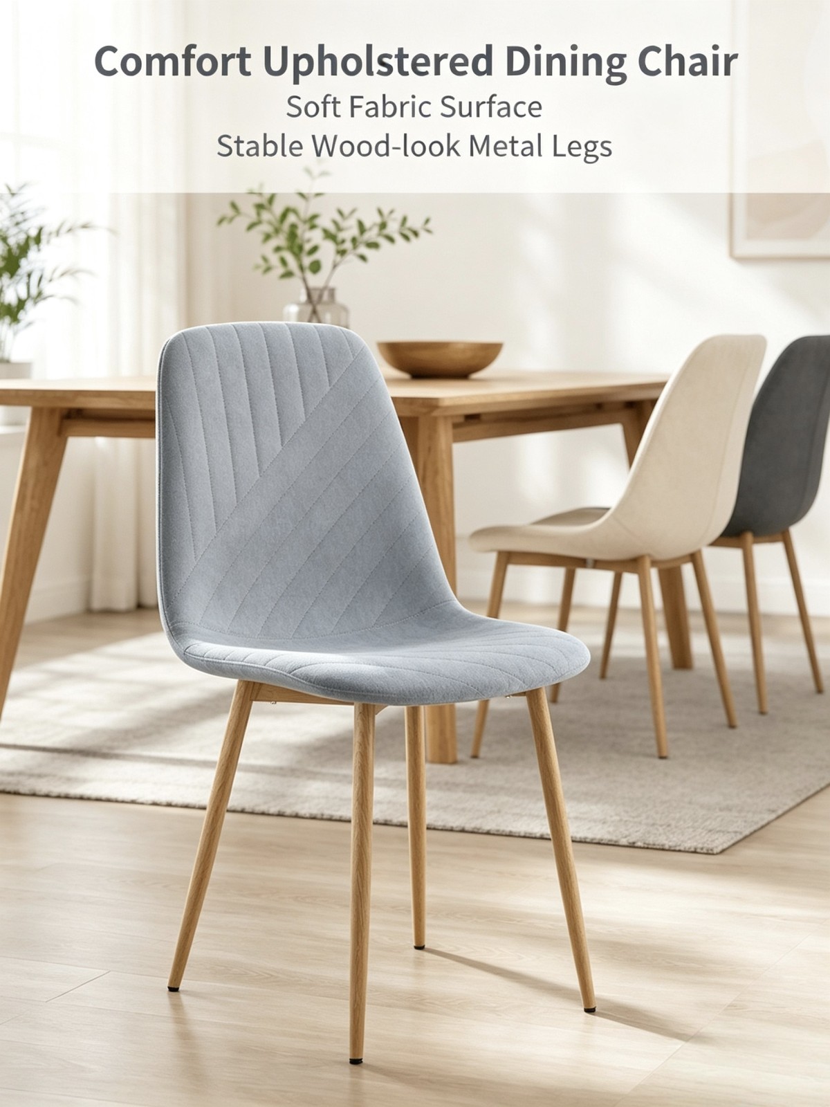Upholstered Dining Chair, Wood‑look Metal Legs, Soft Fabric Side Chair for Kitchen Living Room