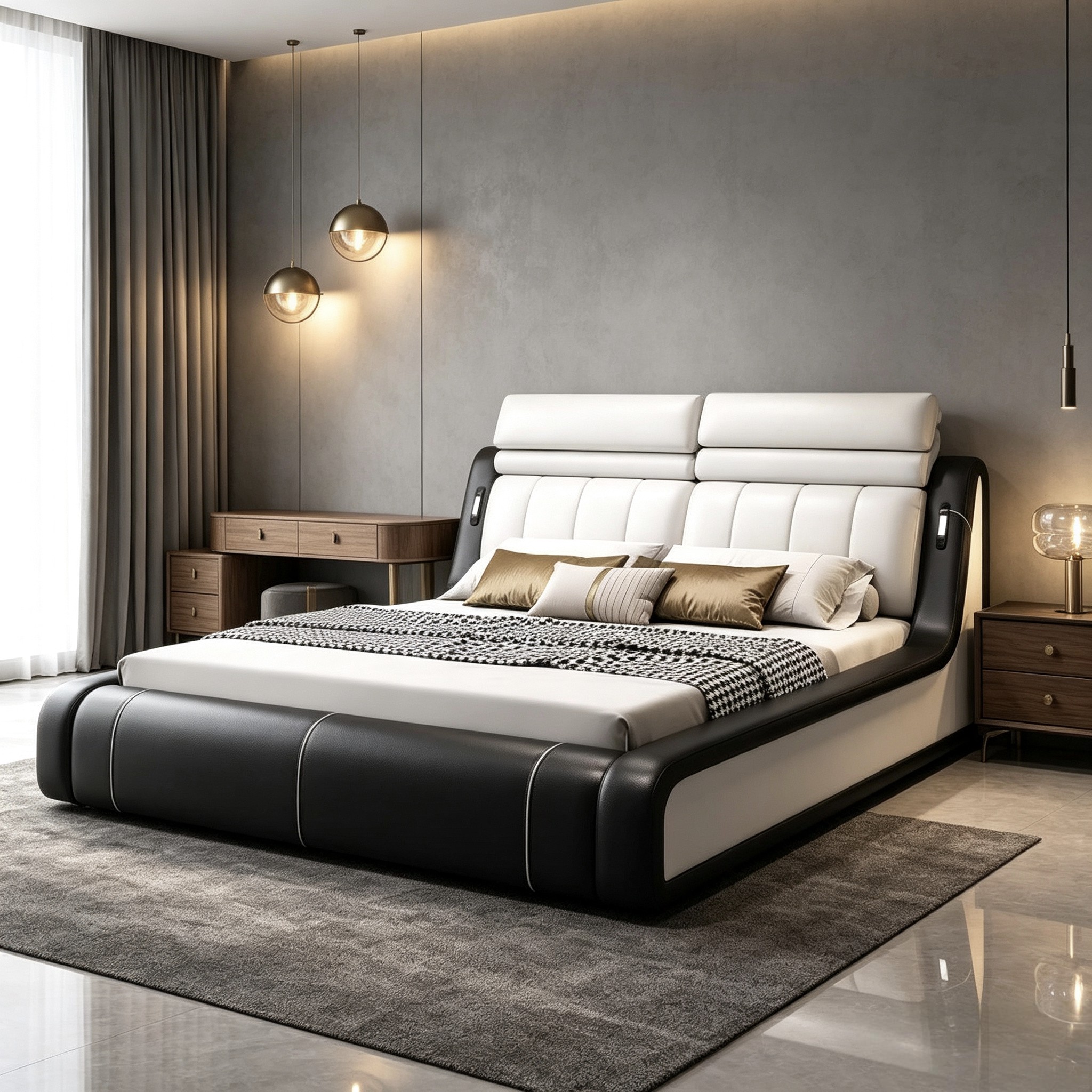 Luxury Modern Leather King Size Bed with Silent Storage Base Functional Frame for Residential Project