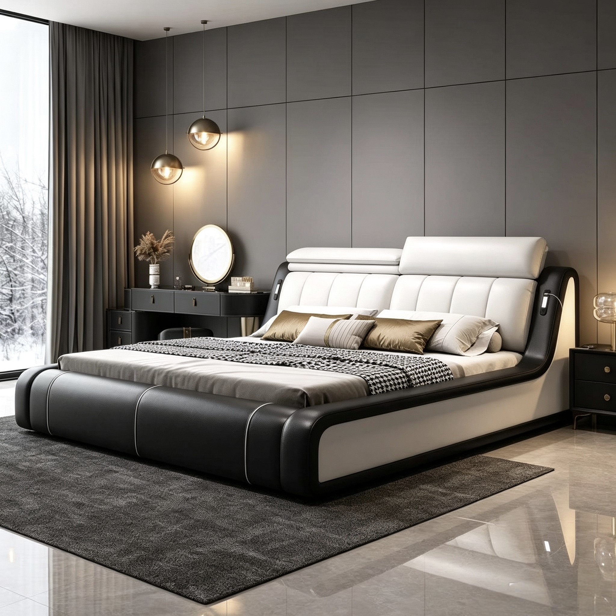 Luxury Modern Leather King Size Bed with Silent Storage Base Functional Frame for Residential Project