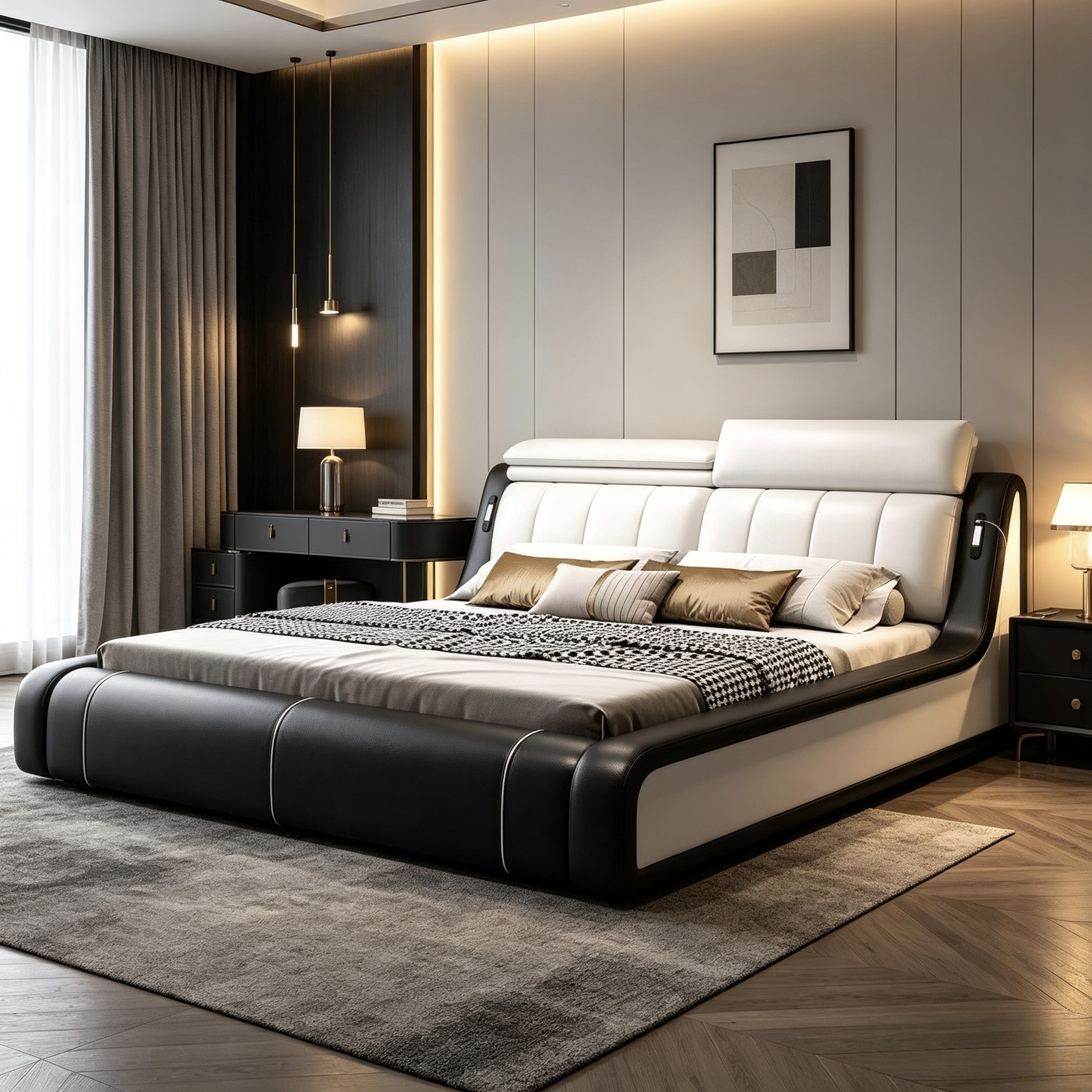 Luxury Modern Leather King Size Bed with Silent Storage Base Functional Frame for Residential Project