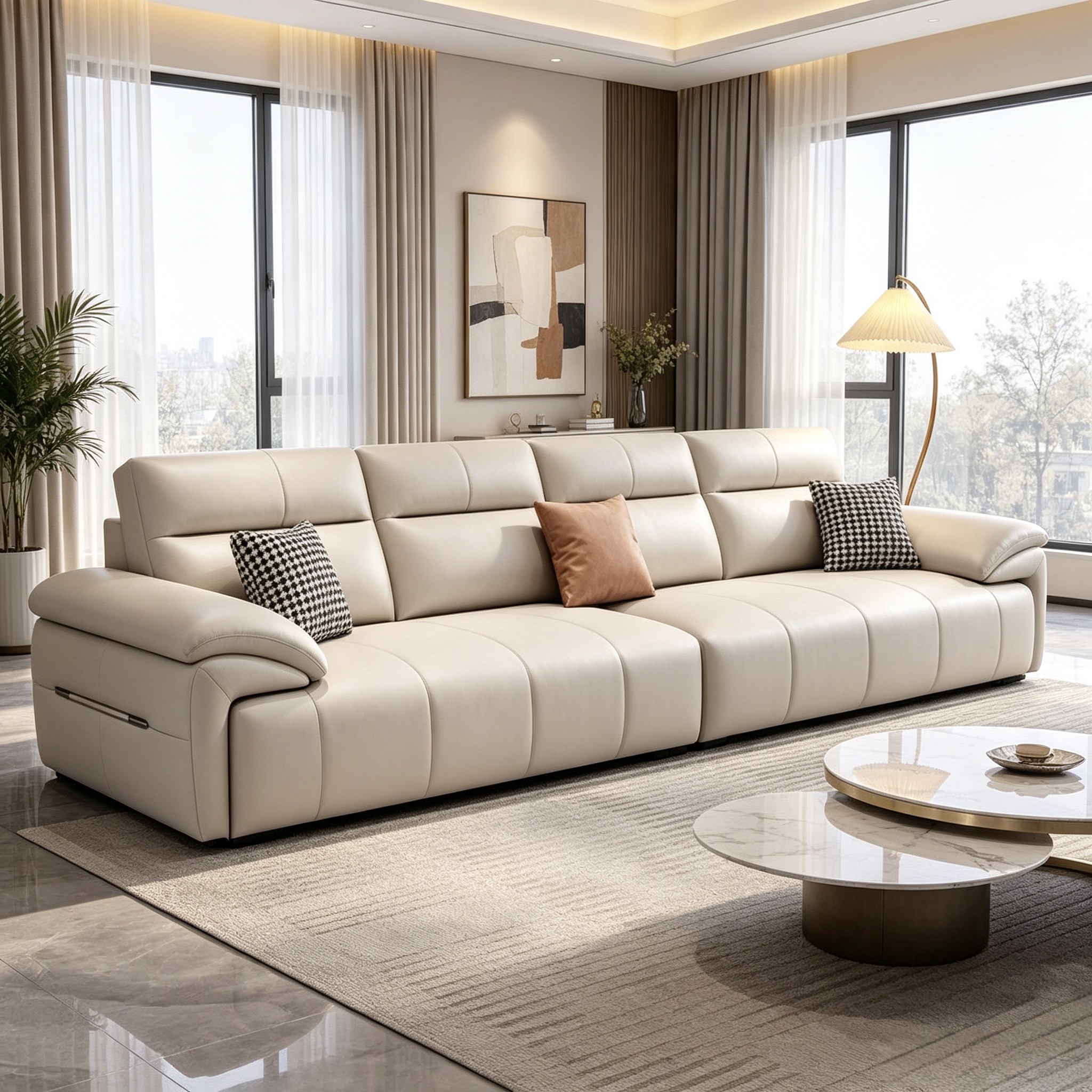 Modern Simple Three-Seater Modular Small Apartment Genuine Leather Stainless Steel Sponge Sectional Sofa