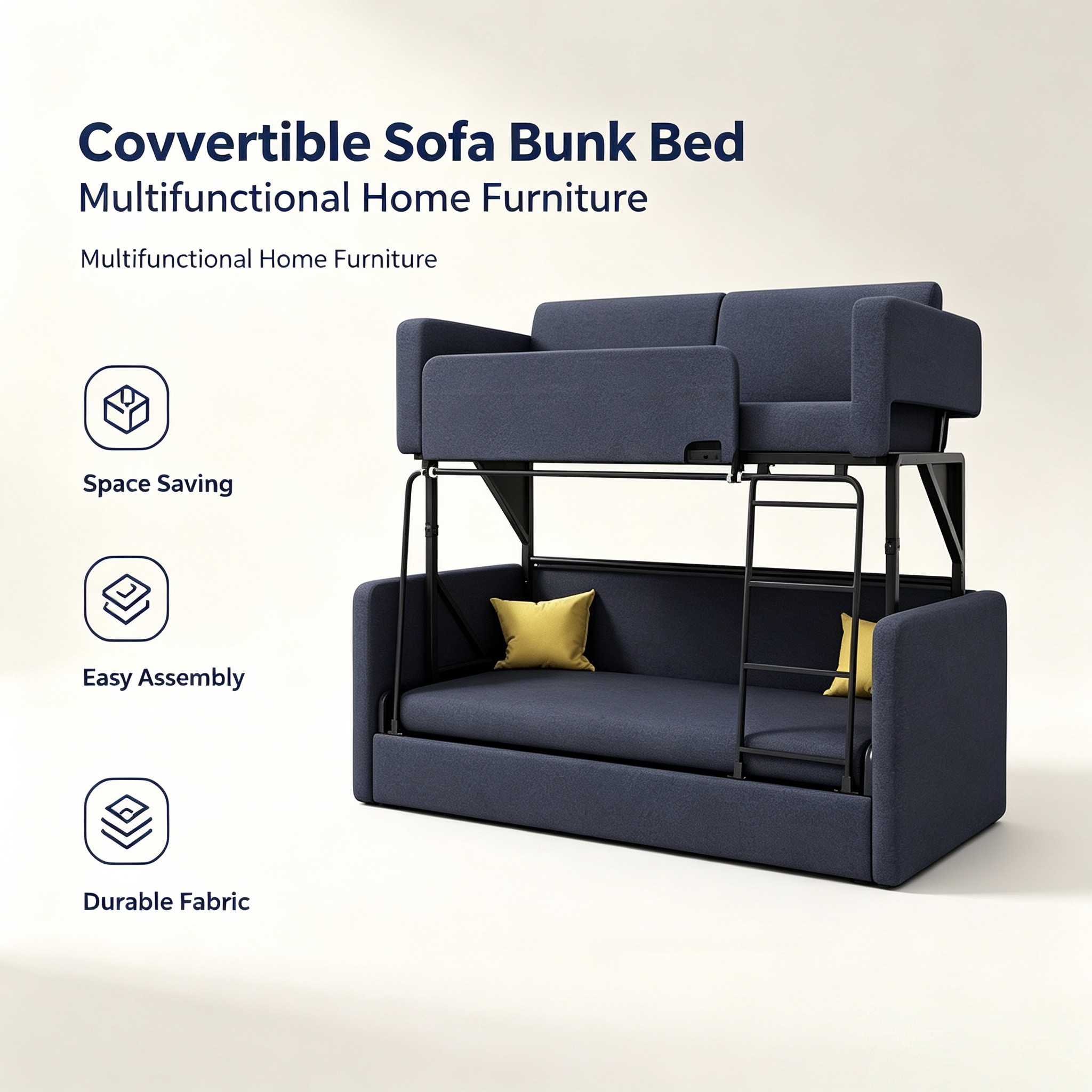 Reddeboo Modern Metal Foldable Sofa Bunk Bed Fabric Upholstered for Living Room Hotel and Bedroom