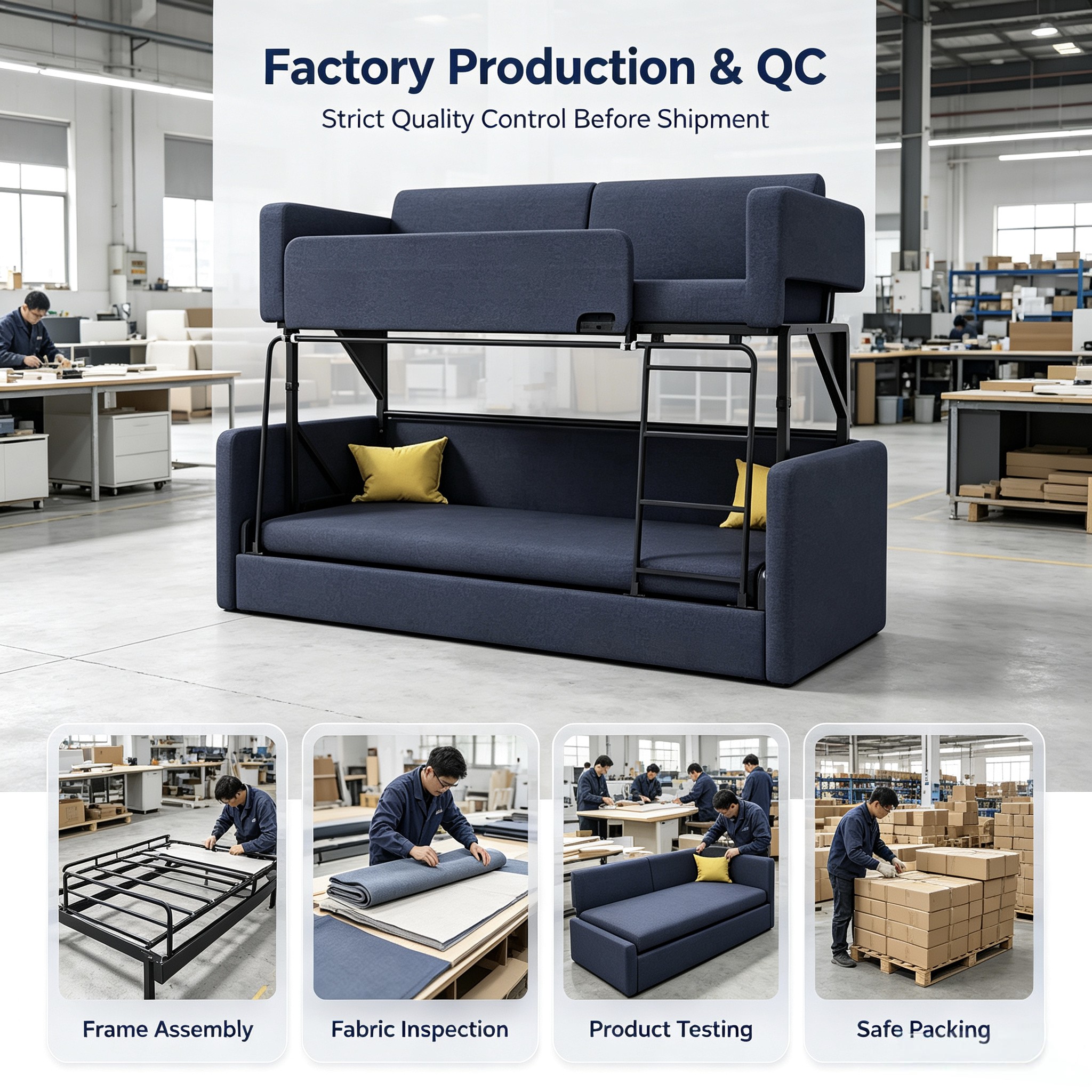 Reddeboo Modern Metal Foldable Sofa Bunk Bed Fabric Upholstered for Living Room Hotel and Bedroom