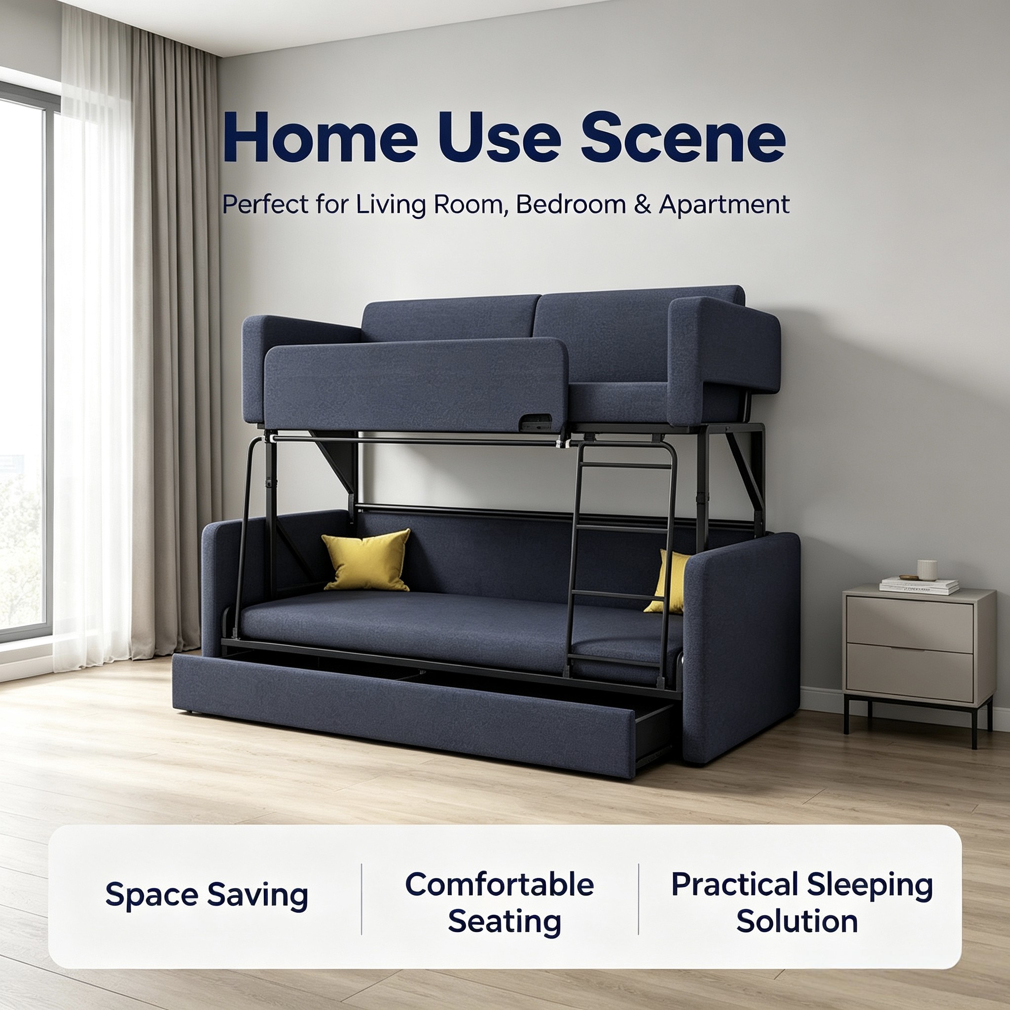 Reddeboo Modern Metal Foldable Sofa Bunk Bed Fabric Upholstered for Living Room Hotel and Bedroom