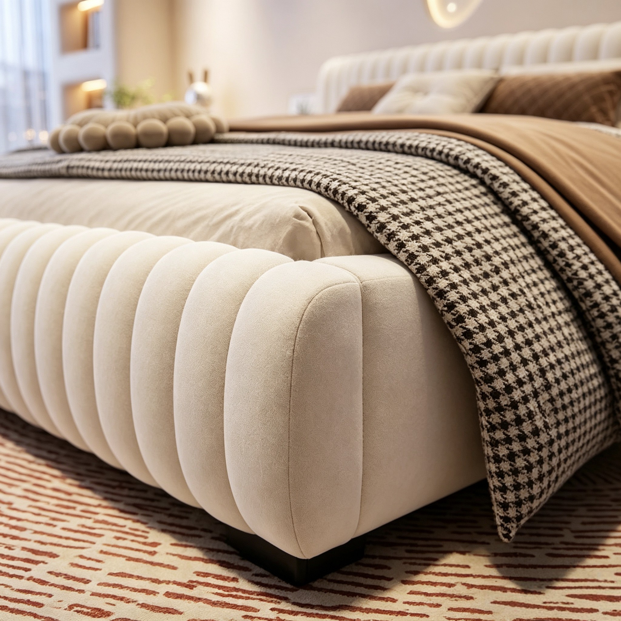 Italian Style Modern Upholstered Double Bed with Powder Puff Fabric for Master Bedroom Wedding Bed