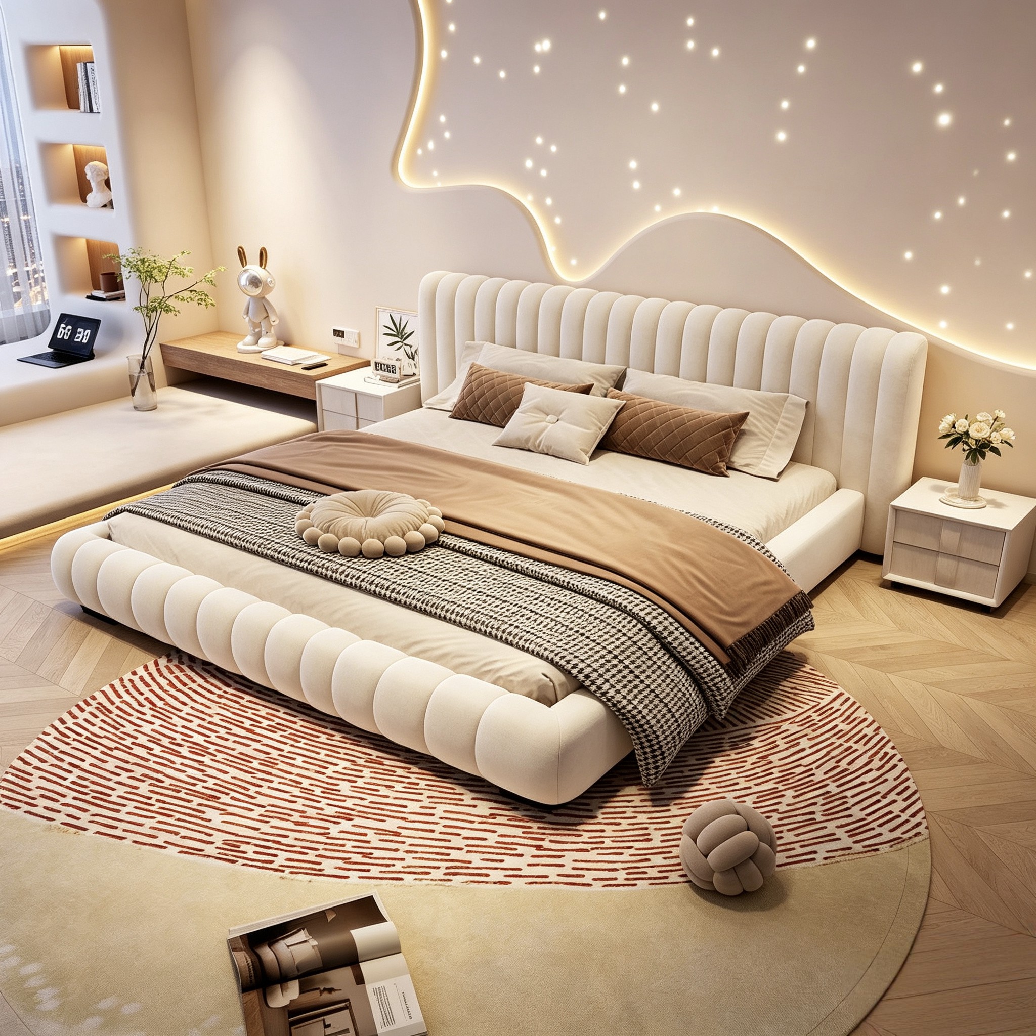 Italian Style Modern Upholstered Double Bed with Powder Puff Fabric for Master Bedroom Wedding Bed