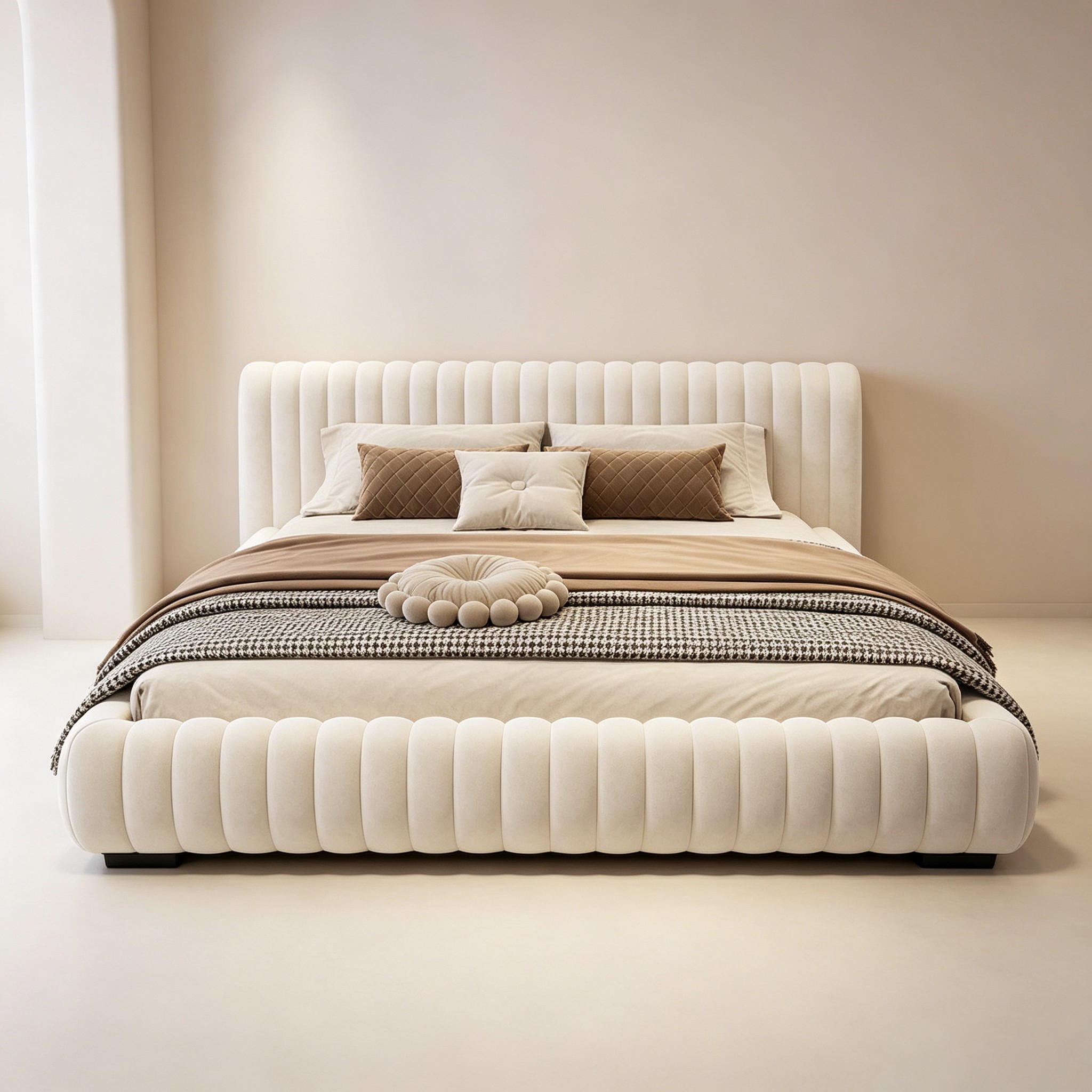 Italian Style Modern Upholstered Double Bed with Powder Puff Fabric for Master Bedroom Wedding Bed