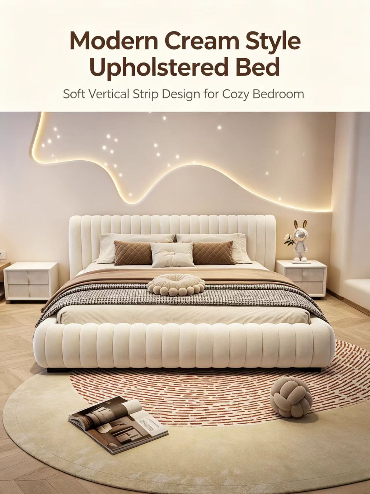 Italian Style Modern Upholstered Double Bed with Powder Puff Fabric for Master Bedroom Wedding Bed