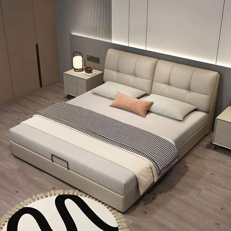 Luxury Modern Full Size Leather Bed with Wood Frame & Adjustable Padded Headboard Storage for Hotel Bedroom Furniture Set