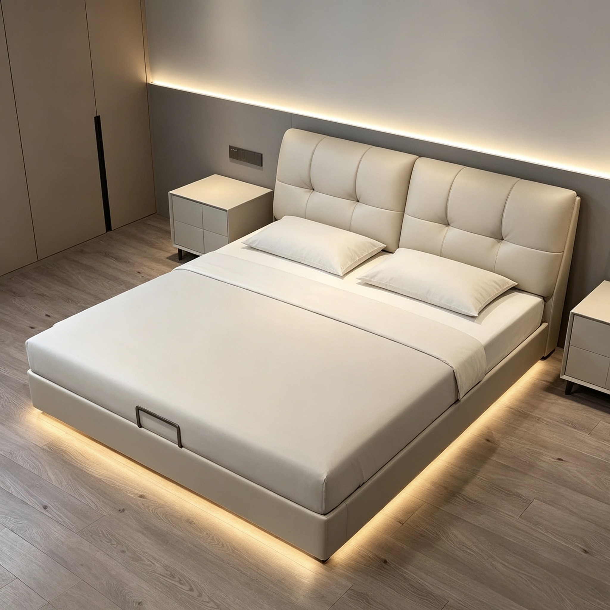 Luxury Modern Full Size Leather Bed with Wood Frame & Adjustable Padded Headboard Storage for Hotel Bedroom Furniture Set