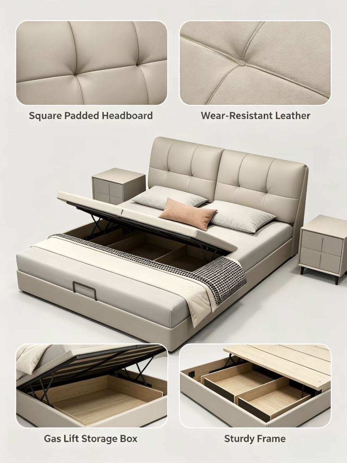Luxury Modern Full Size Leather Bed with Wood Frame & Adjustable Padded Headboard Storage for Hotel Bedroom Furniture Set