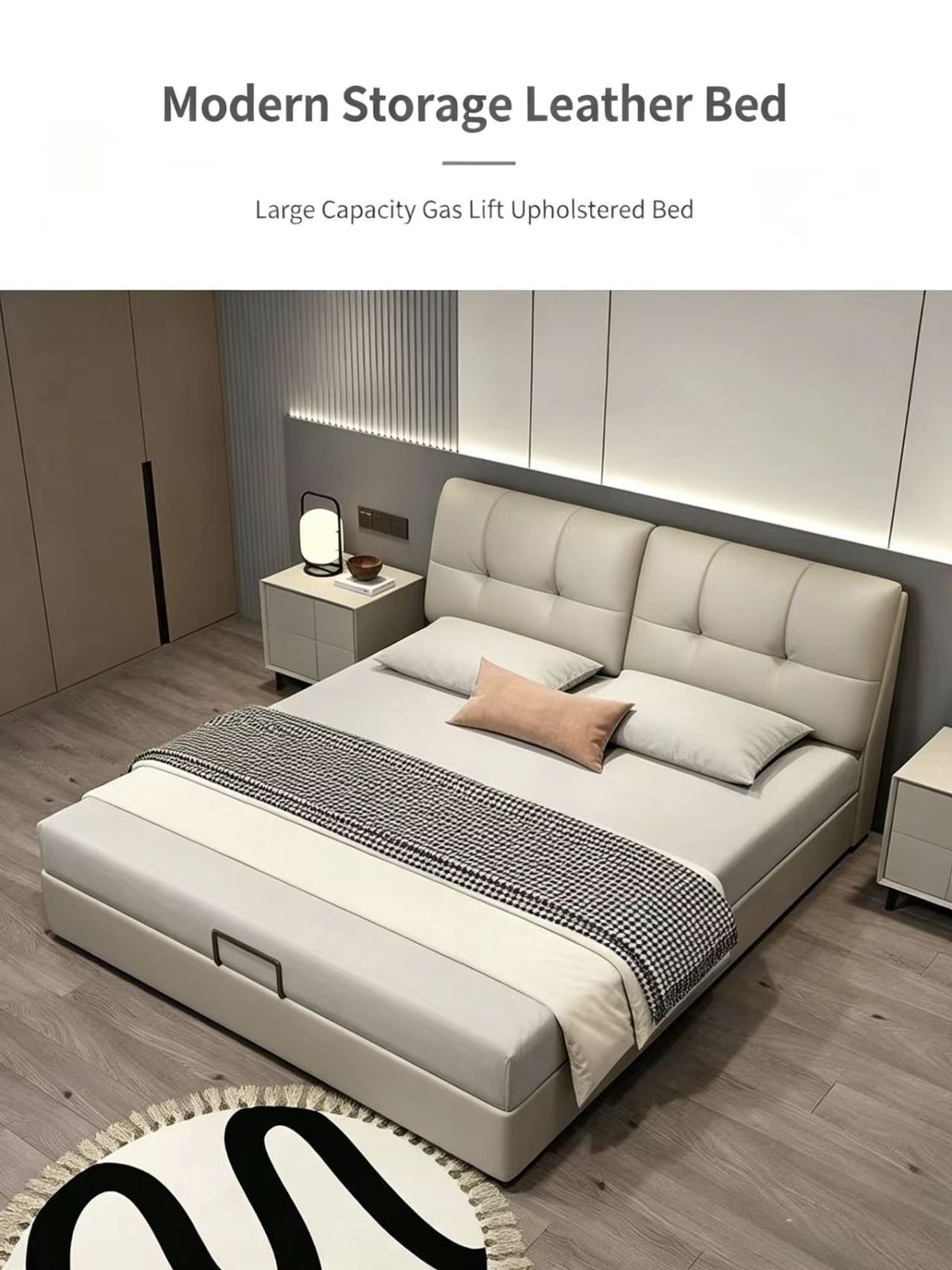 Luxury Modern Full Size Leather Bed with Wood Frame & Adjustable Padded Headboard Storage for Hotel Bedroom Furniture Set