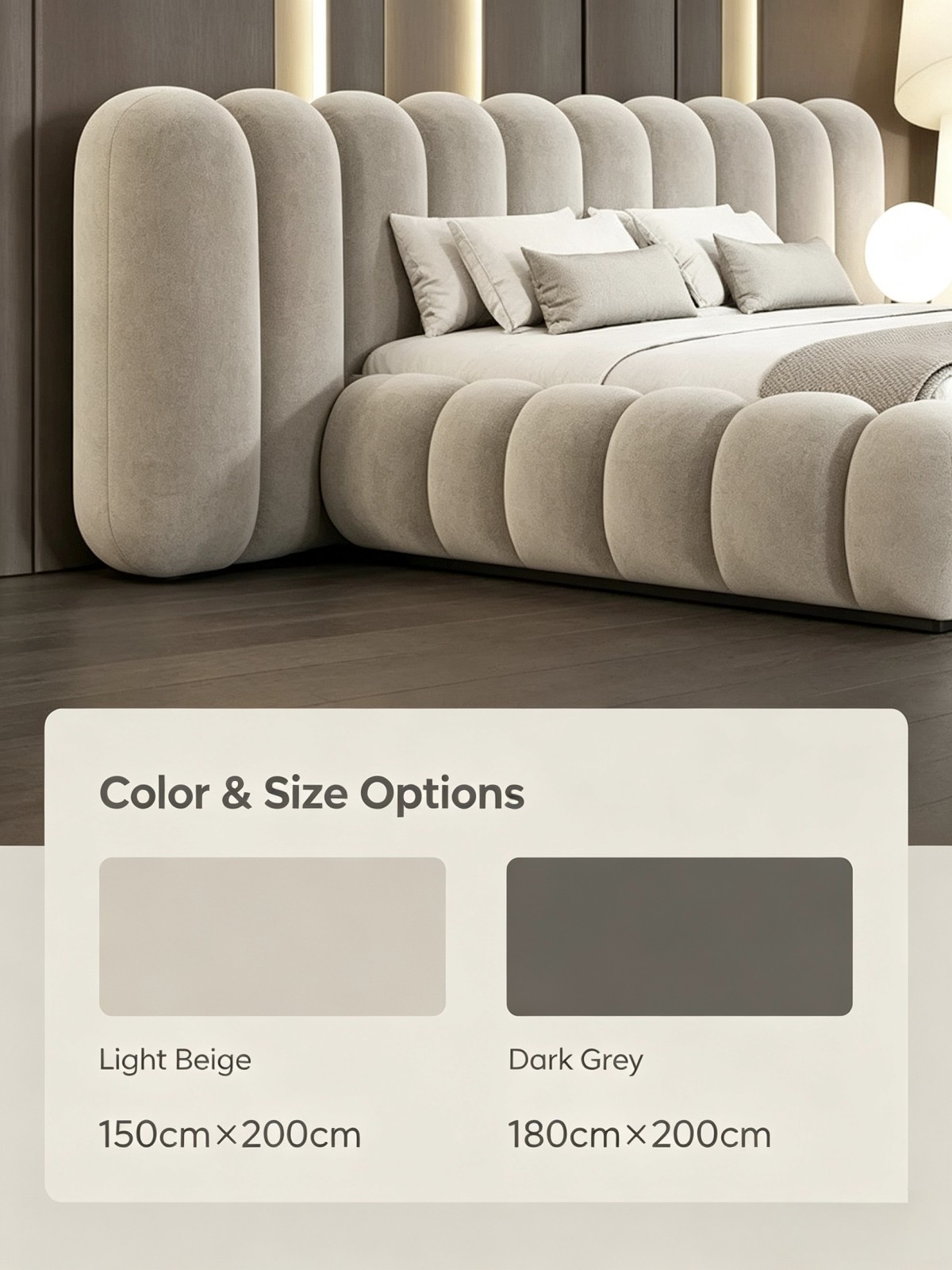Luna Modern Minimalist Upholstered Double Bed with Piano Key Design Cream Blend Fabric for Master Bedroom