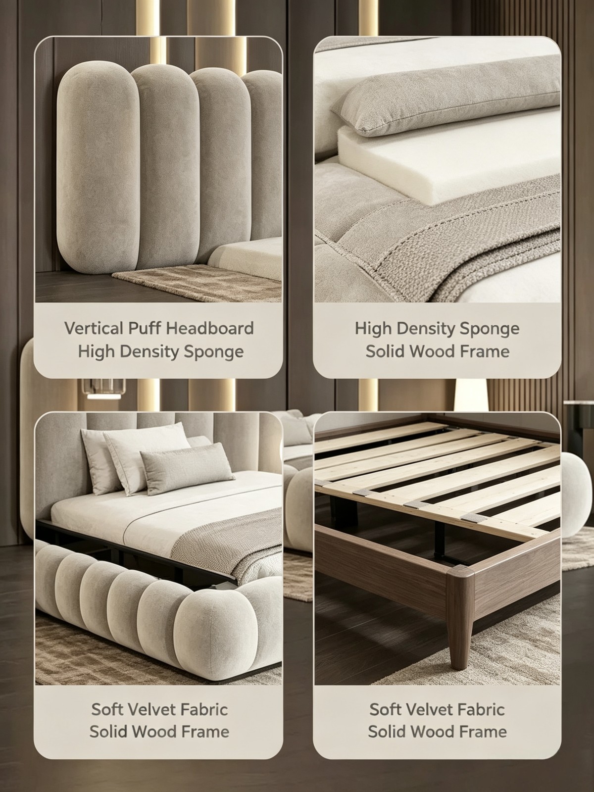Luna Modern Minimalist Upholstered Double Bed with Piano Key Design Cream Blend Fabric for Master Bedroom
