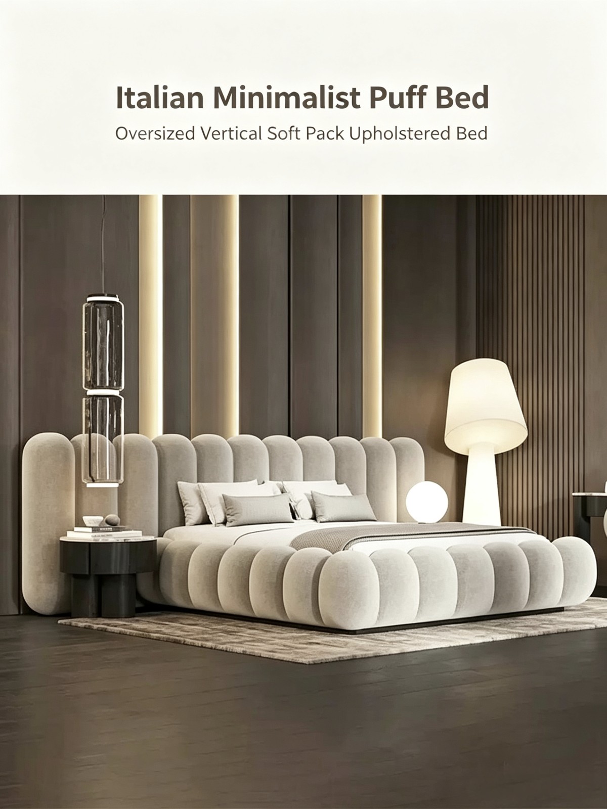 Luna Modern Minimalist Upholstered Double Bed with Piano Key Design Cream Blend Fabric for Master Bedroom
