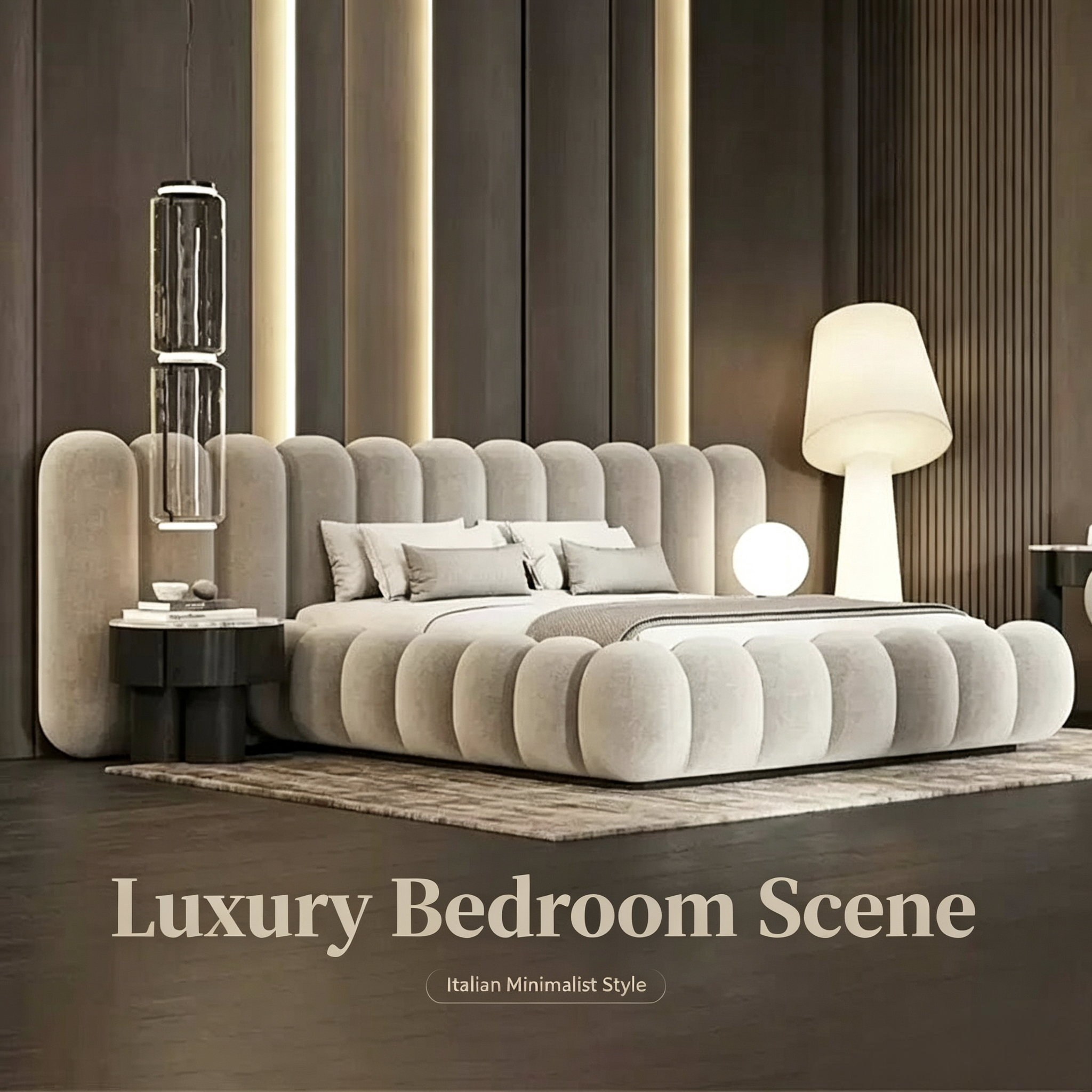 Luna Modern Minimalist Upholstered Double Bed with Piano Key Design Cream Blend Fabric for Master Bedroom