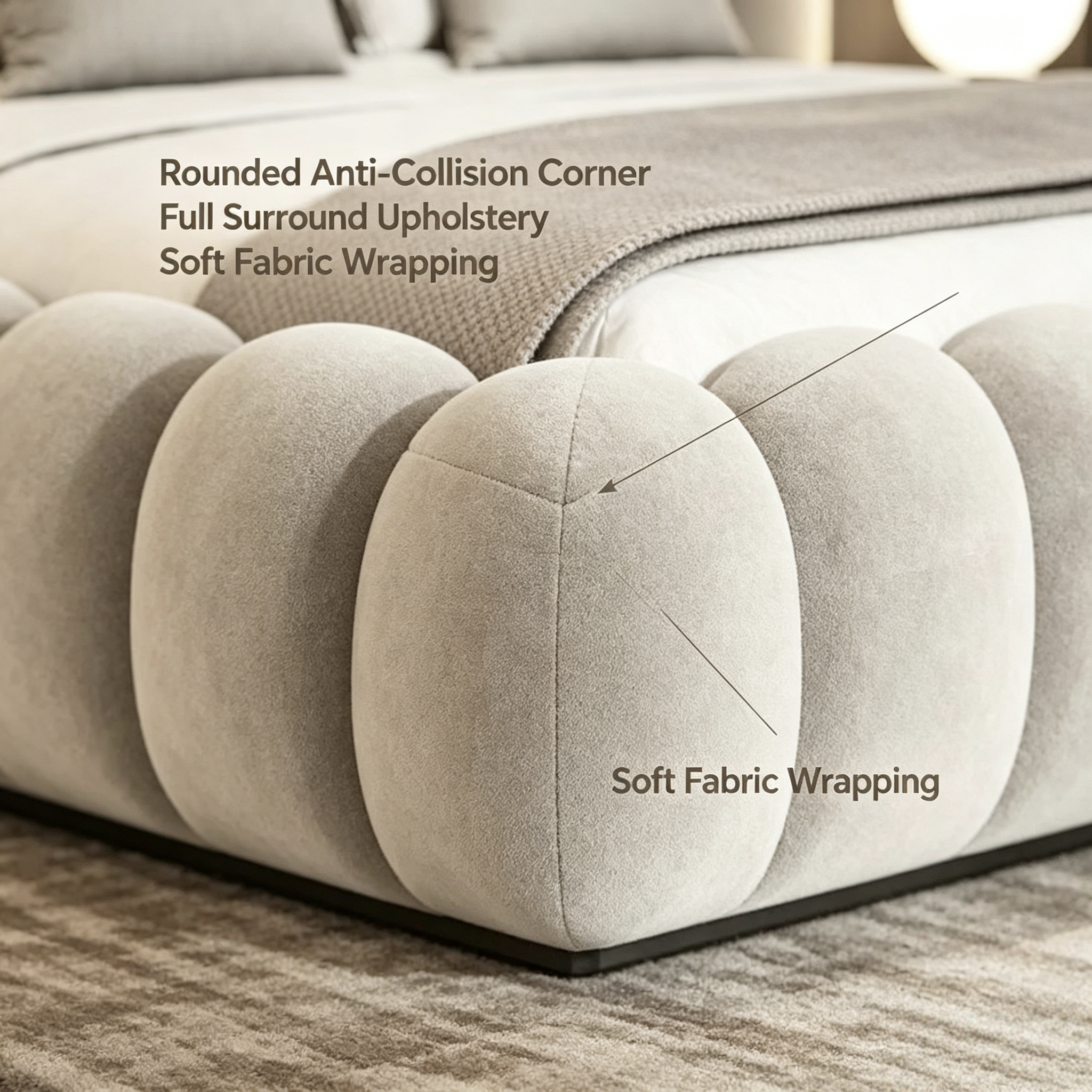 Luna Modern Minimalist Upholstered Double Bed with Piano Key Design Cream Blend Fabric for Master Bedroom
