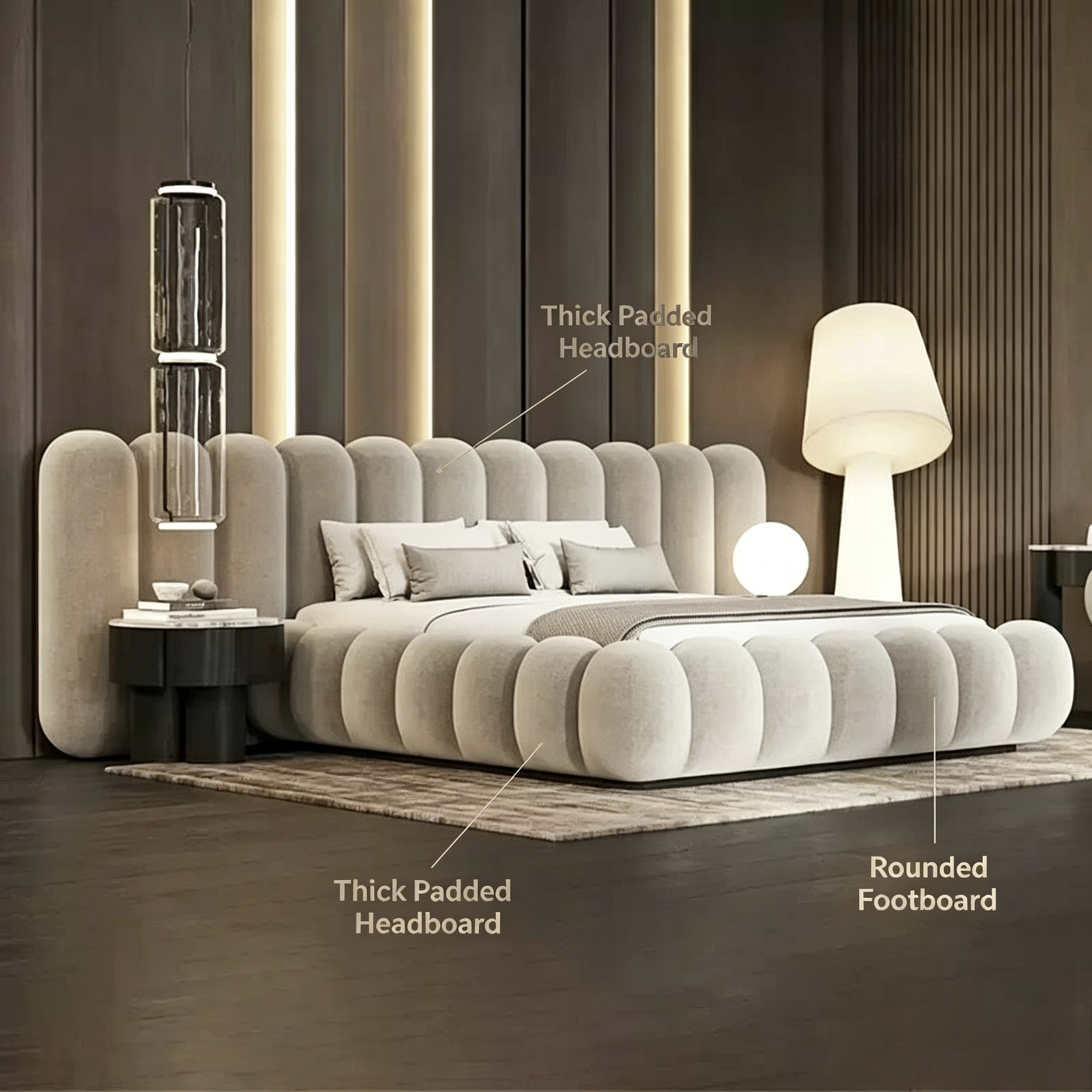 Luna Modern Minimalist Upholstered Double Bed with Piano Key Design Cream Blend Fabric for Master Bedroom