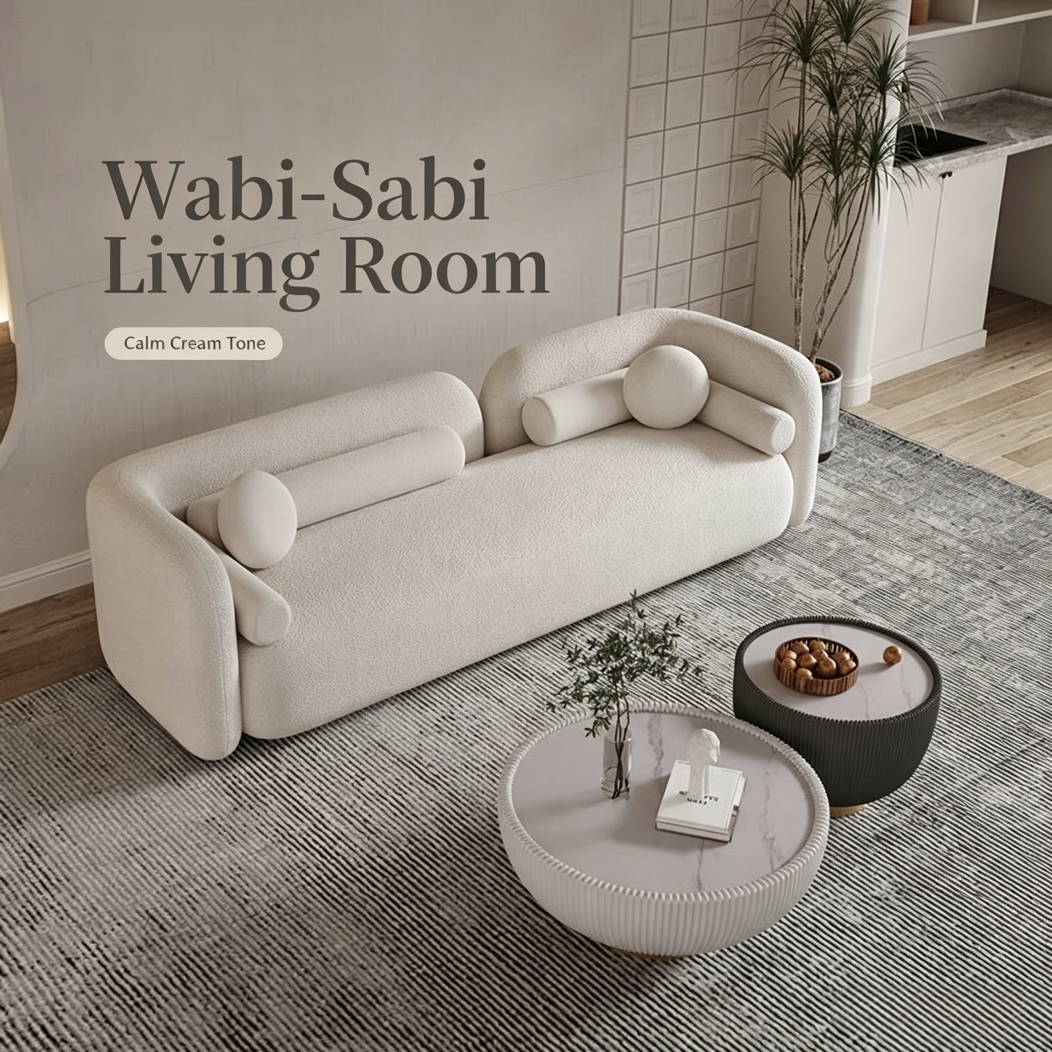 Modern 3-Seater Lambswool Fabric Sofa | Wabi-Sabi Style with Soft Cushions for Villa Hotel & Commercial Use