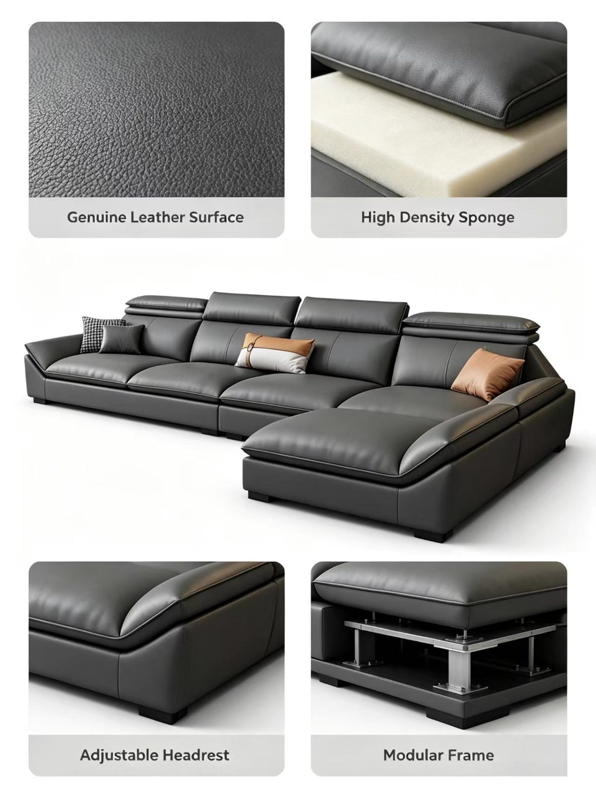 Italian Minimalist Genuine Leather Straight Sofa Set with Latex & Sponge Fill for Living Room Apartment New Style
