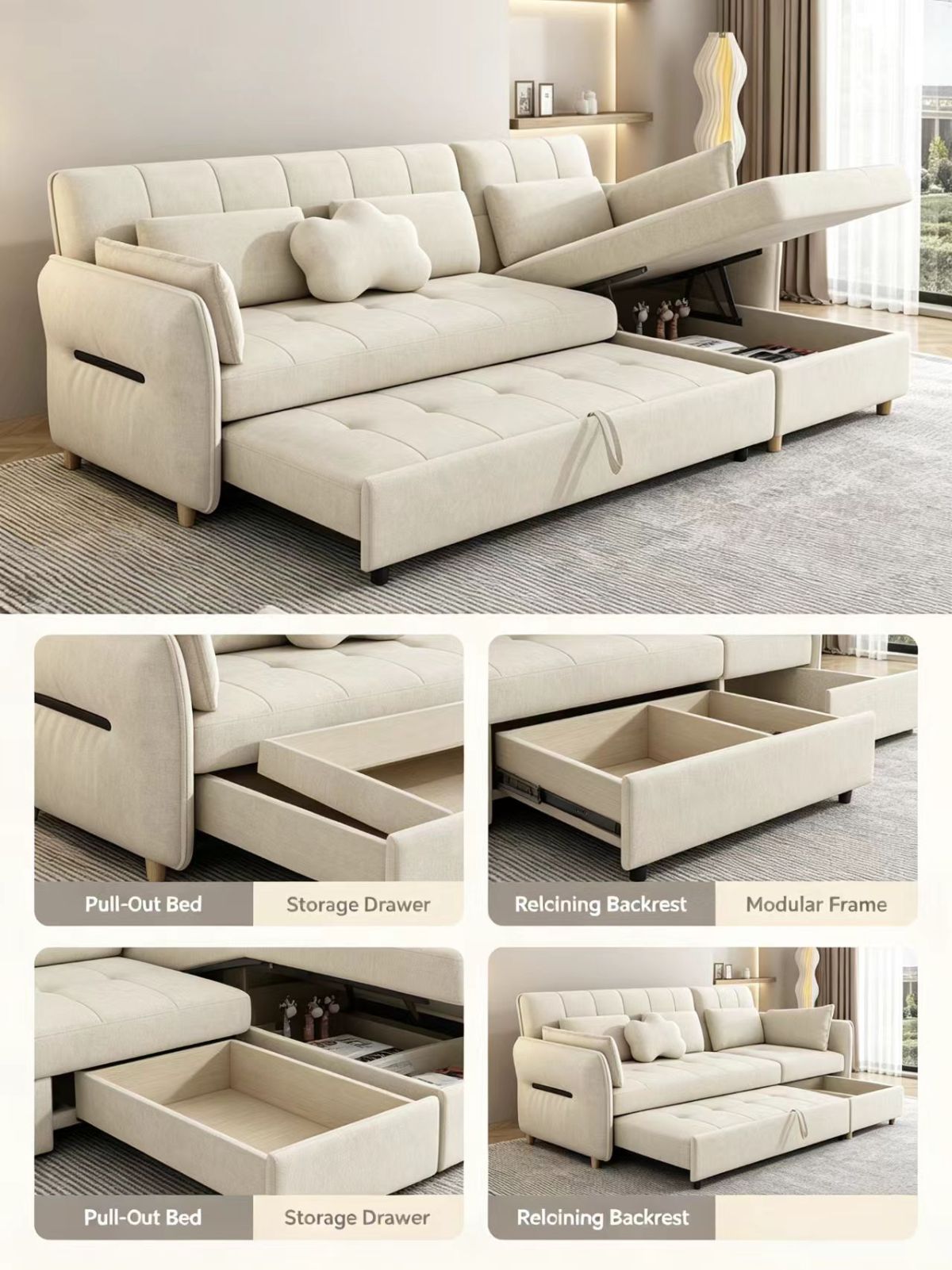 Modern Solid Wood Fabric Convertible Sofa Bed with Multi-Functional Folding Mechanism for Living Room