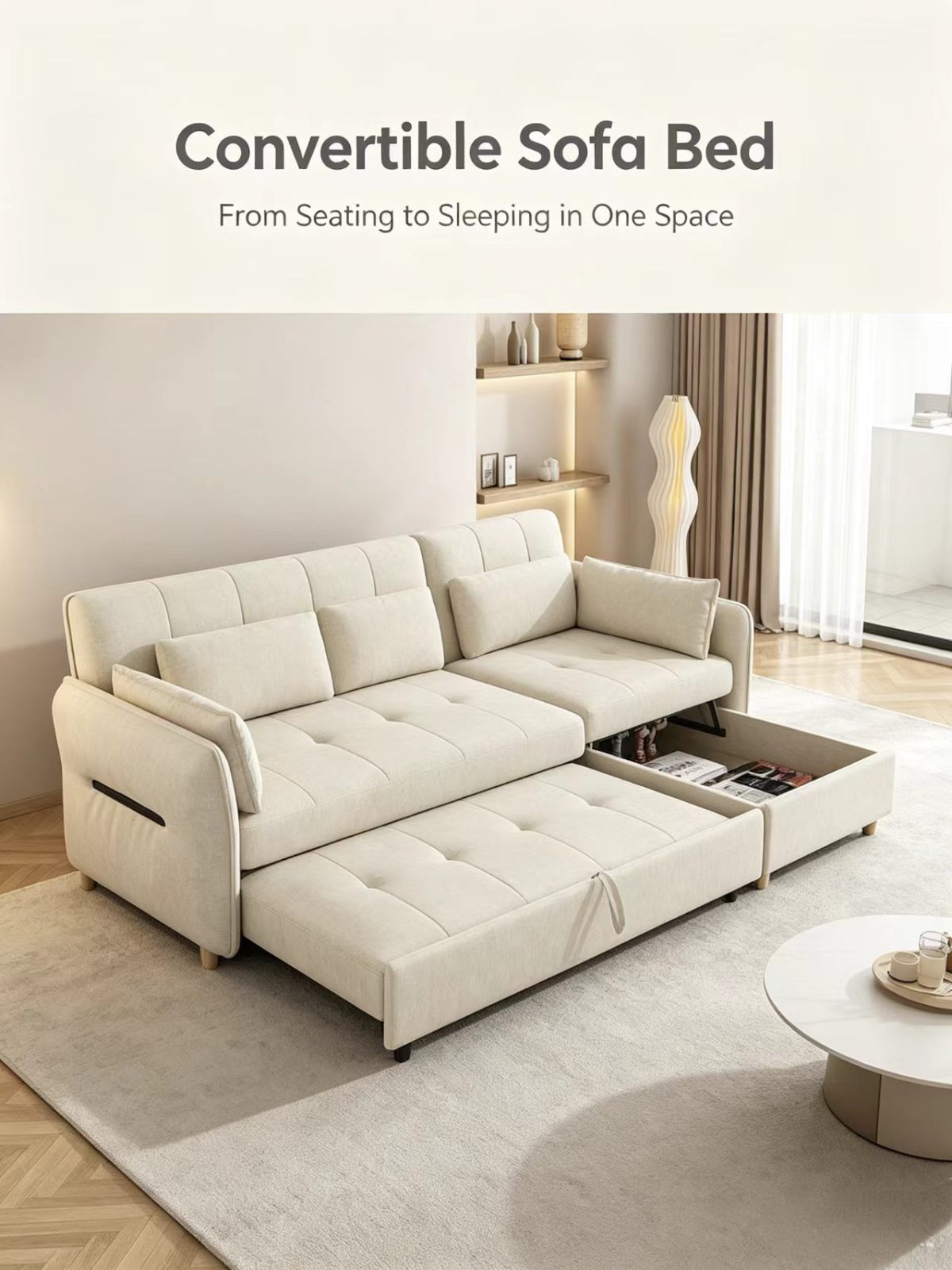 Modern Solid Wood Fabric Convertible Sofa Bed with Multi-Functional Folding Mechanism for Living Room