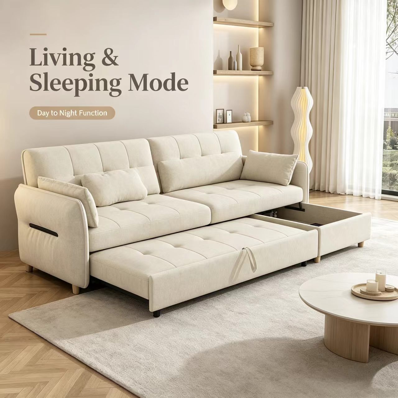 Modern Solid Wood Fabric Convertible Sofa Bed with Multi-Functional Folding Mechanism for Living Room