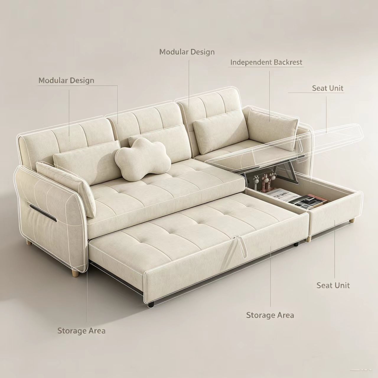 Modern Solid Wood Fabric Convertible Sofa Bed with Multi-Functional Folding Mechanism for Living Room