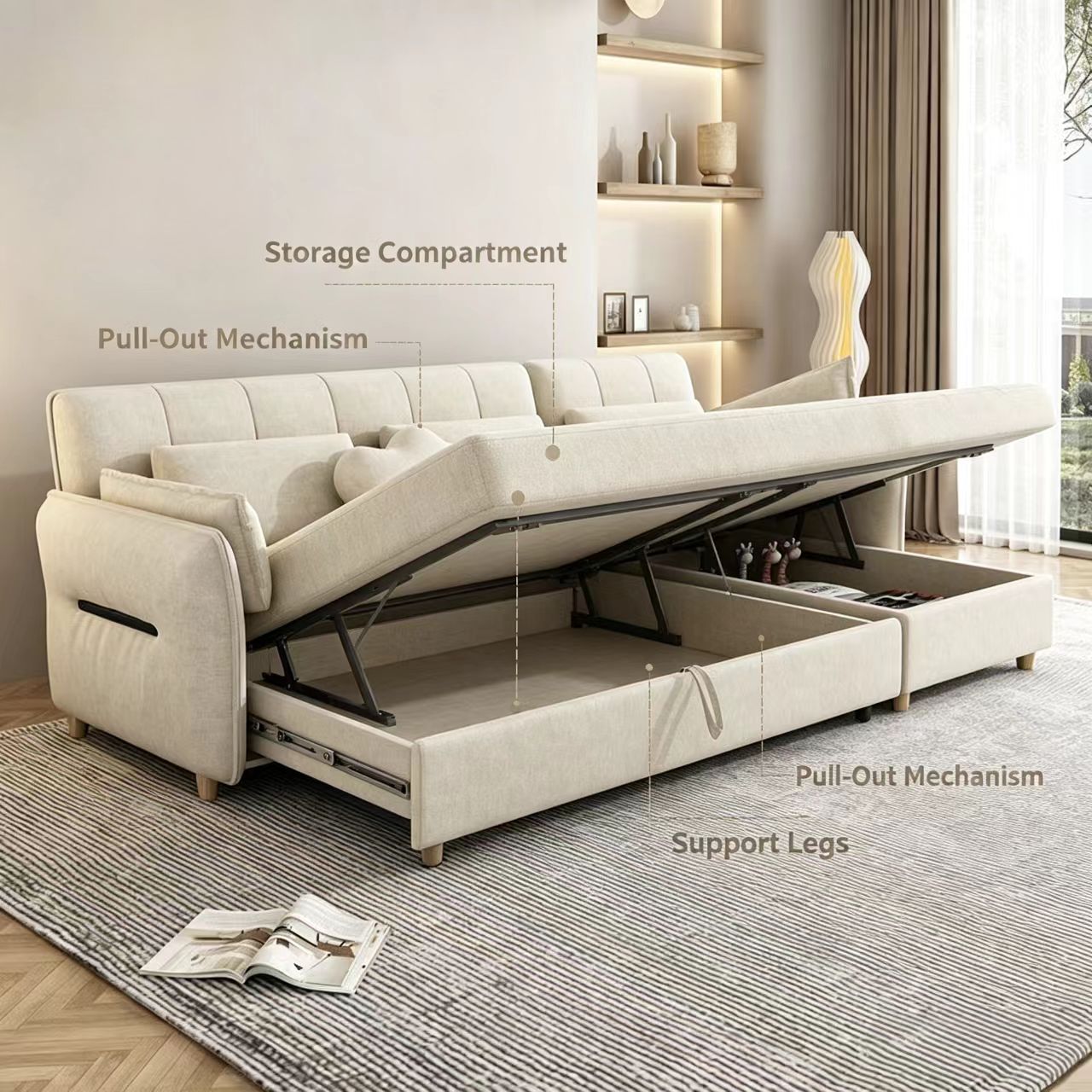Modern Solid Wood Fabric Convertible Sofa Bed with Multi-Functional Folding Mechanism for Living Room