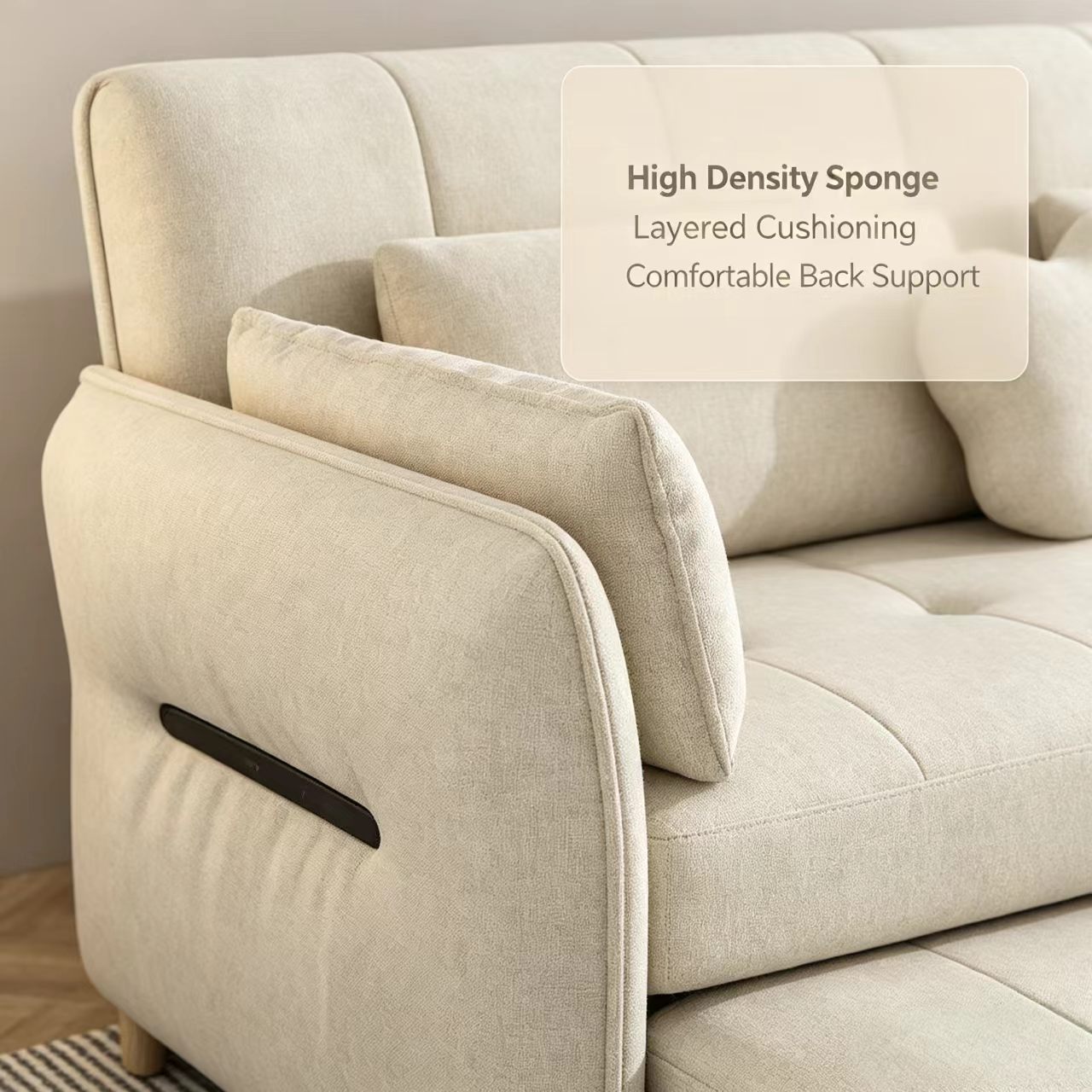 Modern Solid Wood Fabric Convertible Sofa Bed with Multi-Functional Folding Mechanism for Living Room