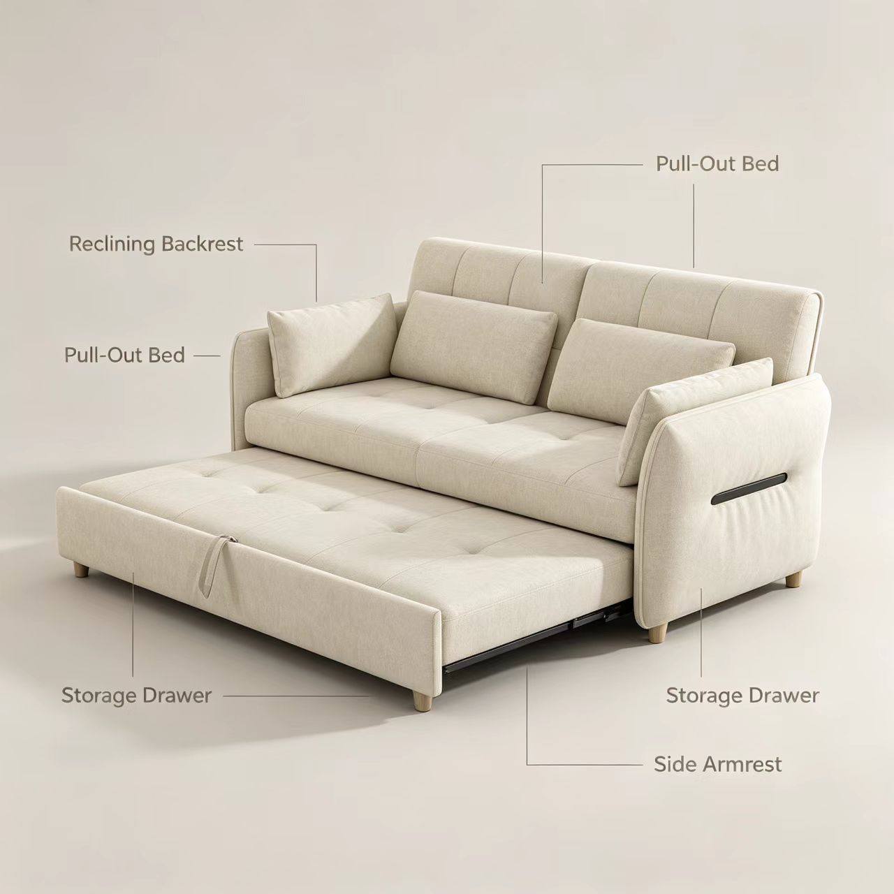 Modern Solid Wood Fabric Convertible Sofa Bed with Multi-Functional Folding Mechanism for Living Room