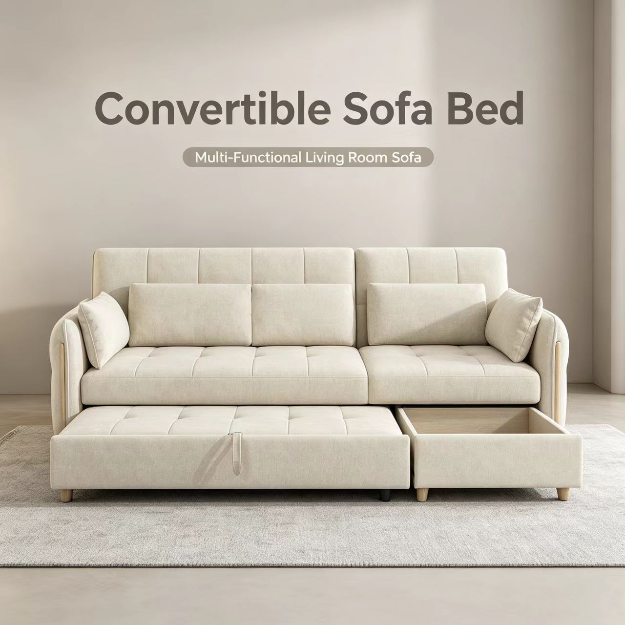 Modern Solid Wood Fabric Convertible Sofa Bed with Multi-Functional Folding Mechanism for Living Room