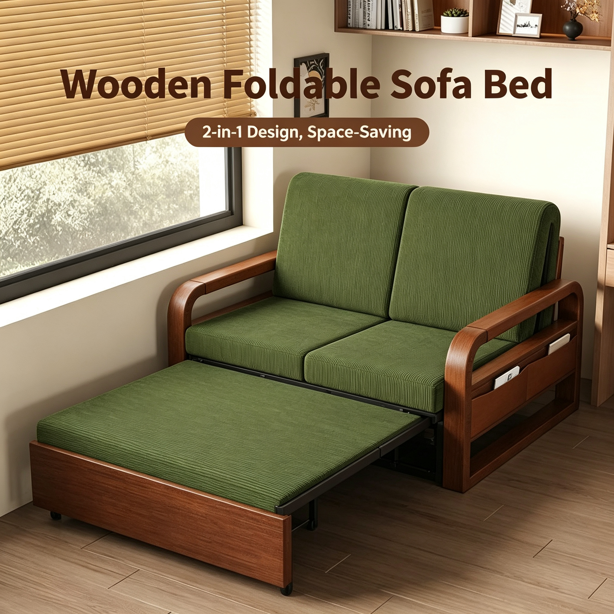 New Chinese Style Folding Telescopic Sofa Bed with Wax Leather & Wooden Frame for Living Room