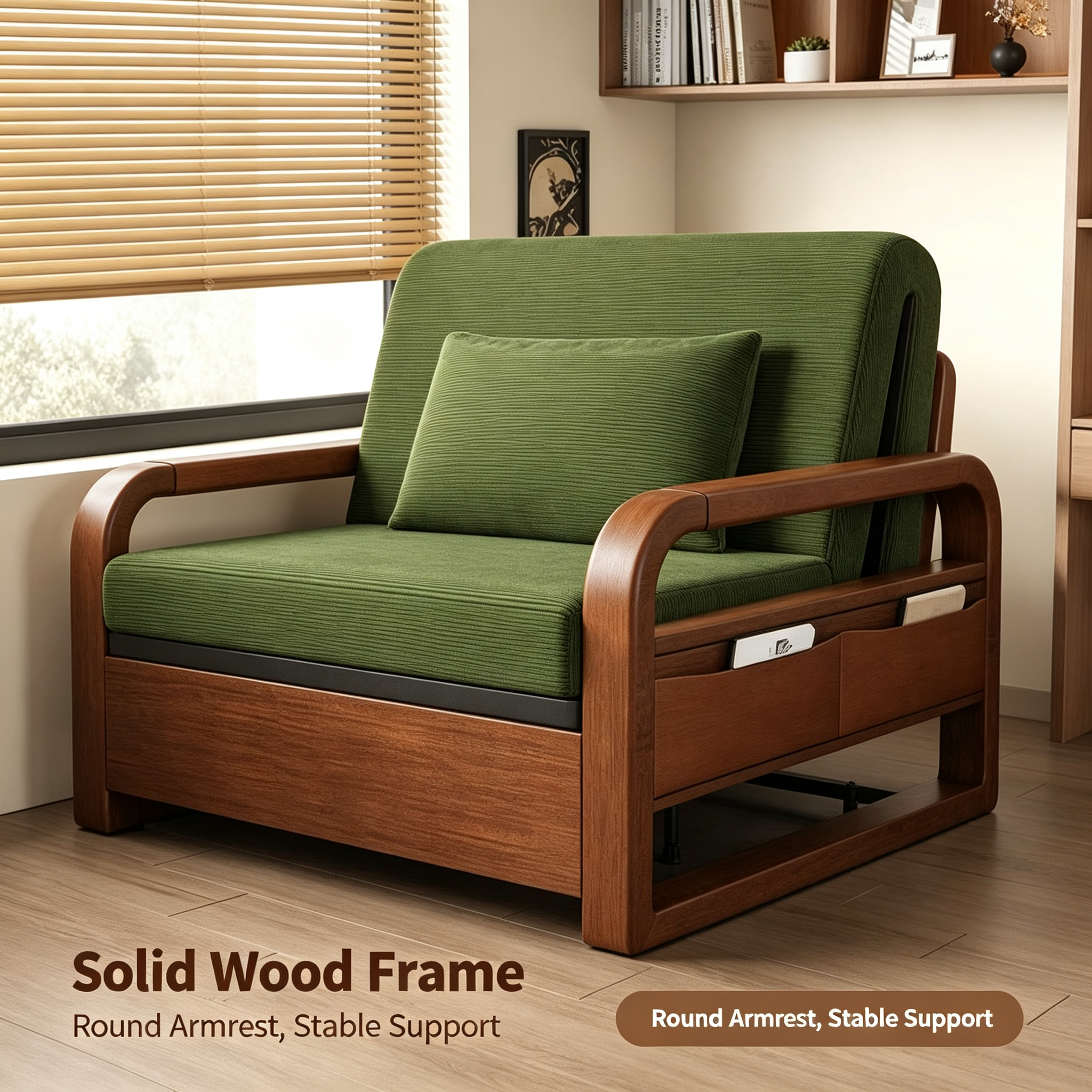 New Chinese Style Folding Telescopic Sofa Bed with Wax Leather & Wooden Frame for Living Room