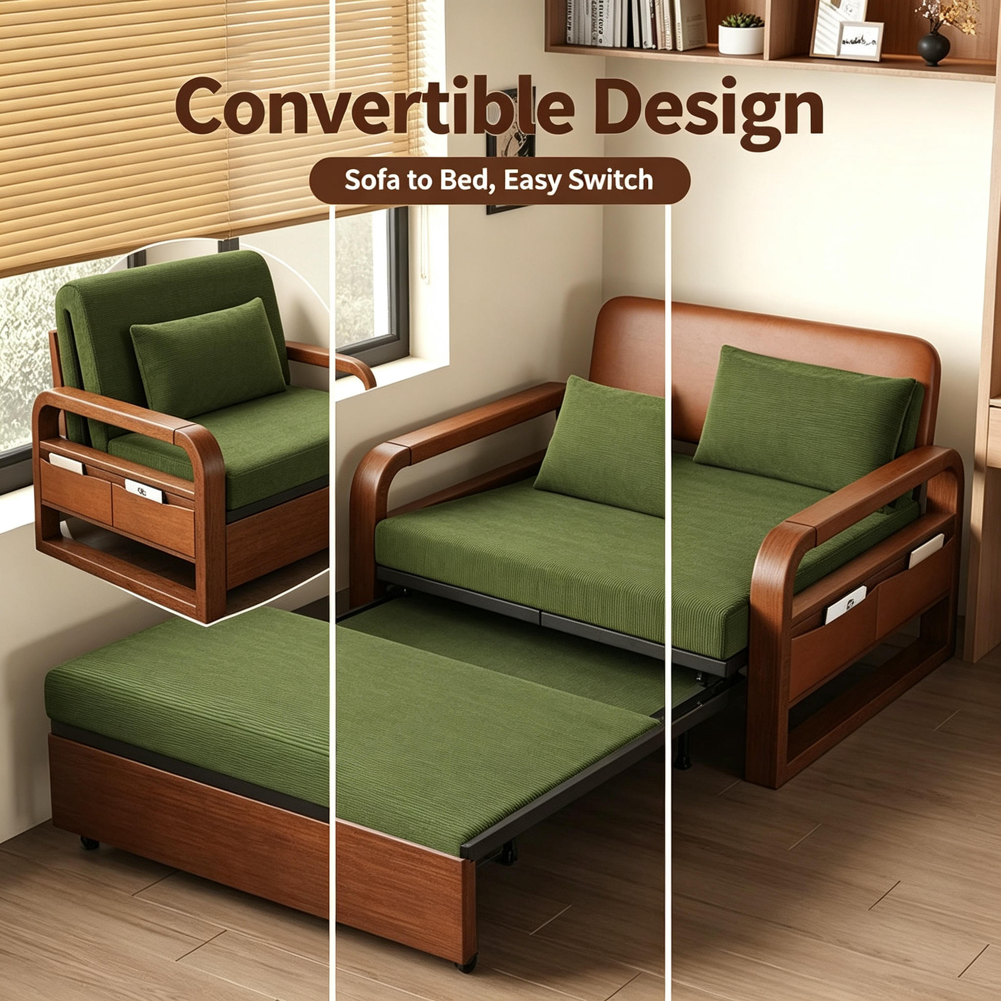 New Chinese Style Folding Telescopic Sofa Bed with Wax Leather & Wooden Frame for Living Room