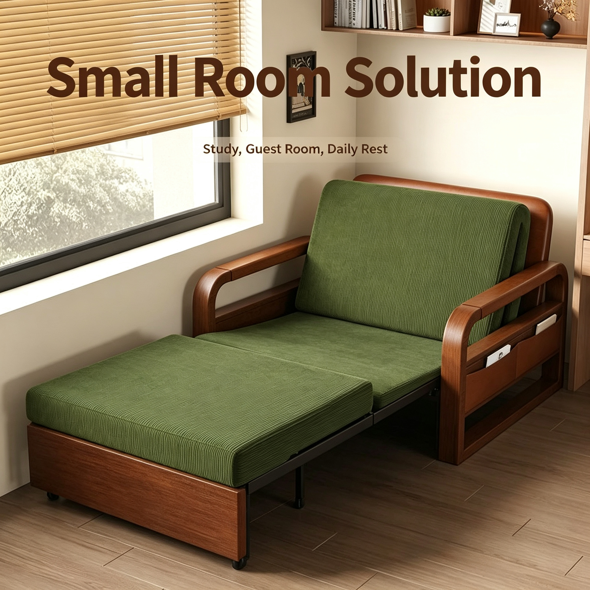 New Chinese Style Folding Telescopic Sofa Bed with Wax Leather & Wooden Frame for Living Room